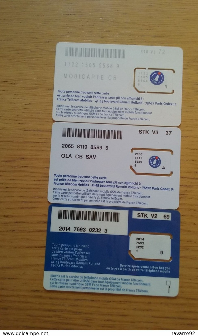 LOT 3 CARTES GSM SIM ITINERIS FRANCE TELECOM T.B.E !!! - Otros & Sin Clasificación