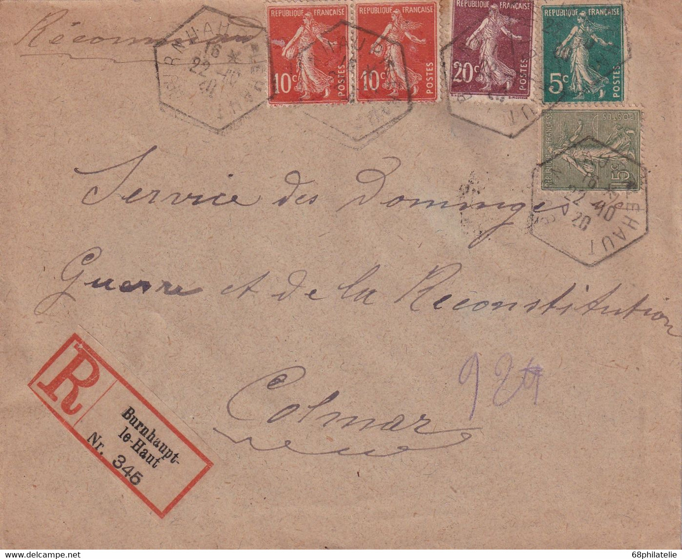 ALSACE-LORRAINE 1920 LETTRE RECOMMANDEE DE BURNHAUPT LE HAUT AVEC CACHET ARRIVEE COLMAR - Lettres & Documents