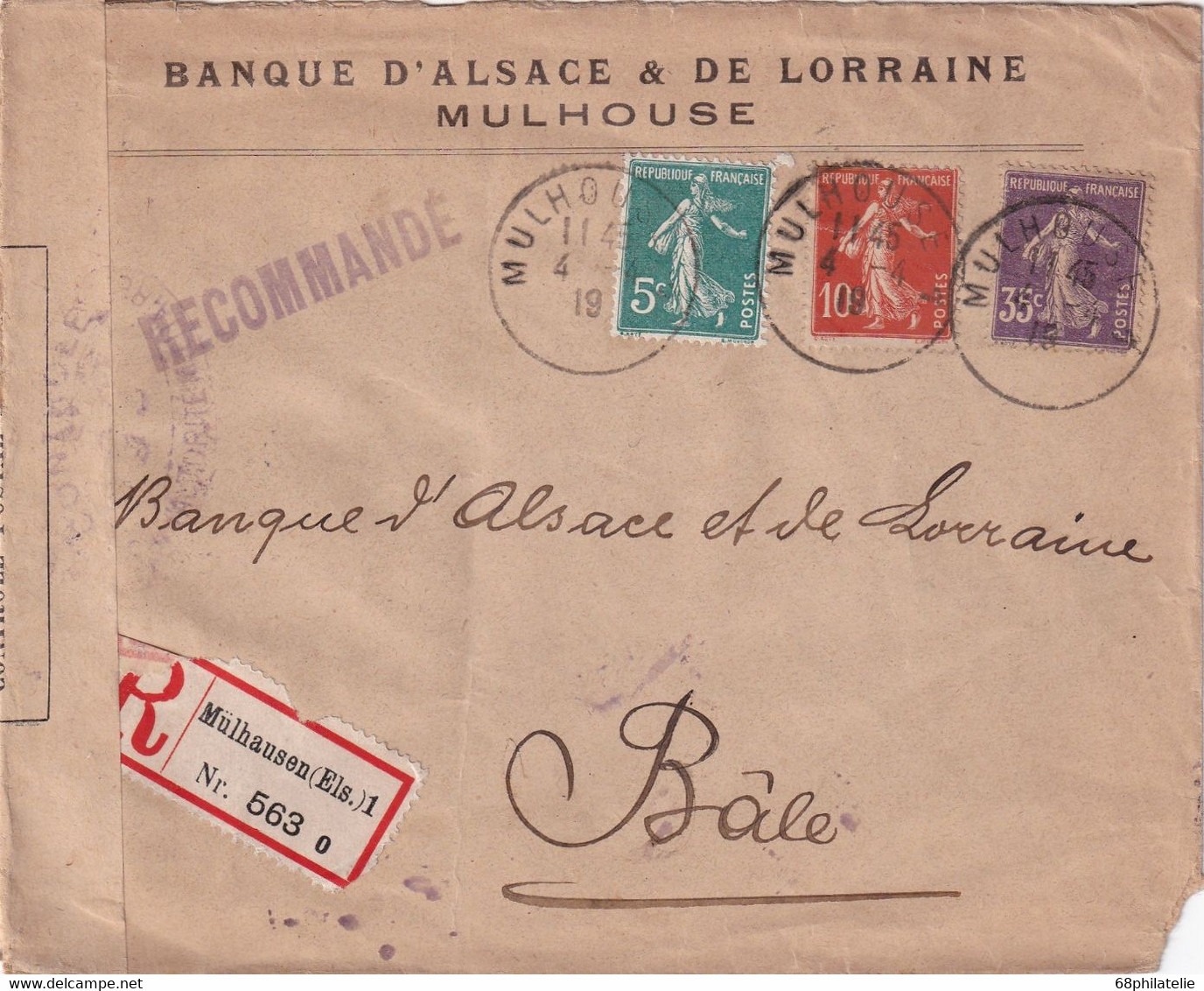 ALSACE-LORRAINE 1919 LETTRE RECOMMANDEE CENSUREE DE MULHOUSE AVEC CACHET ARRIVEE BALE - Lettres & Documents