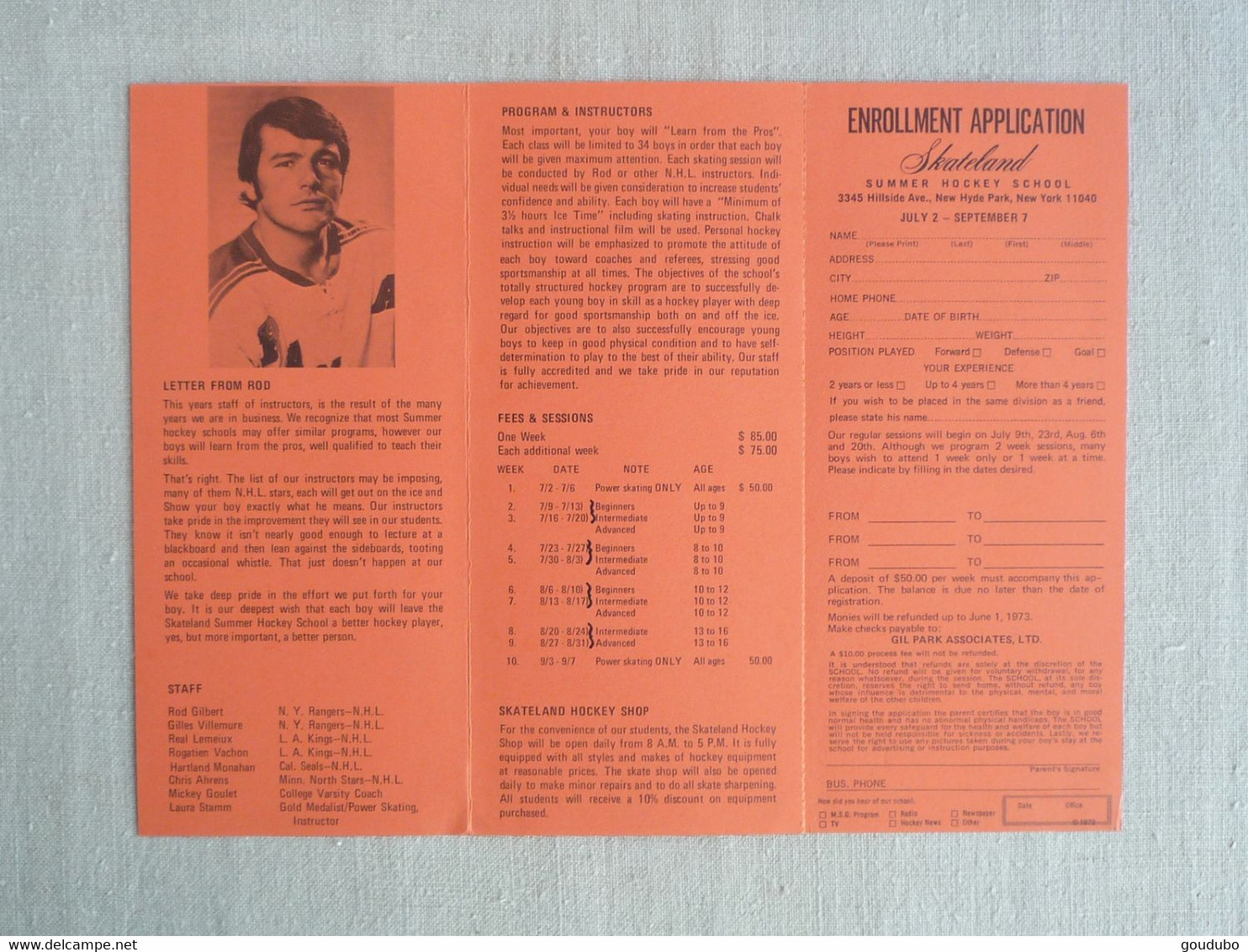 Rod Gilbert New-York Rangers Program Summer Hockey School 1973.Skateland. - Other & Unclassified