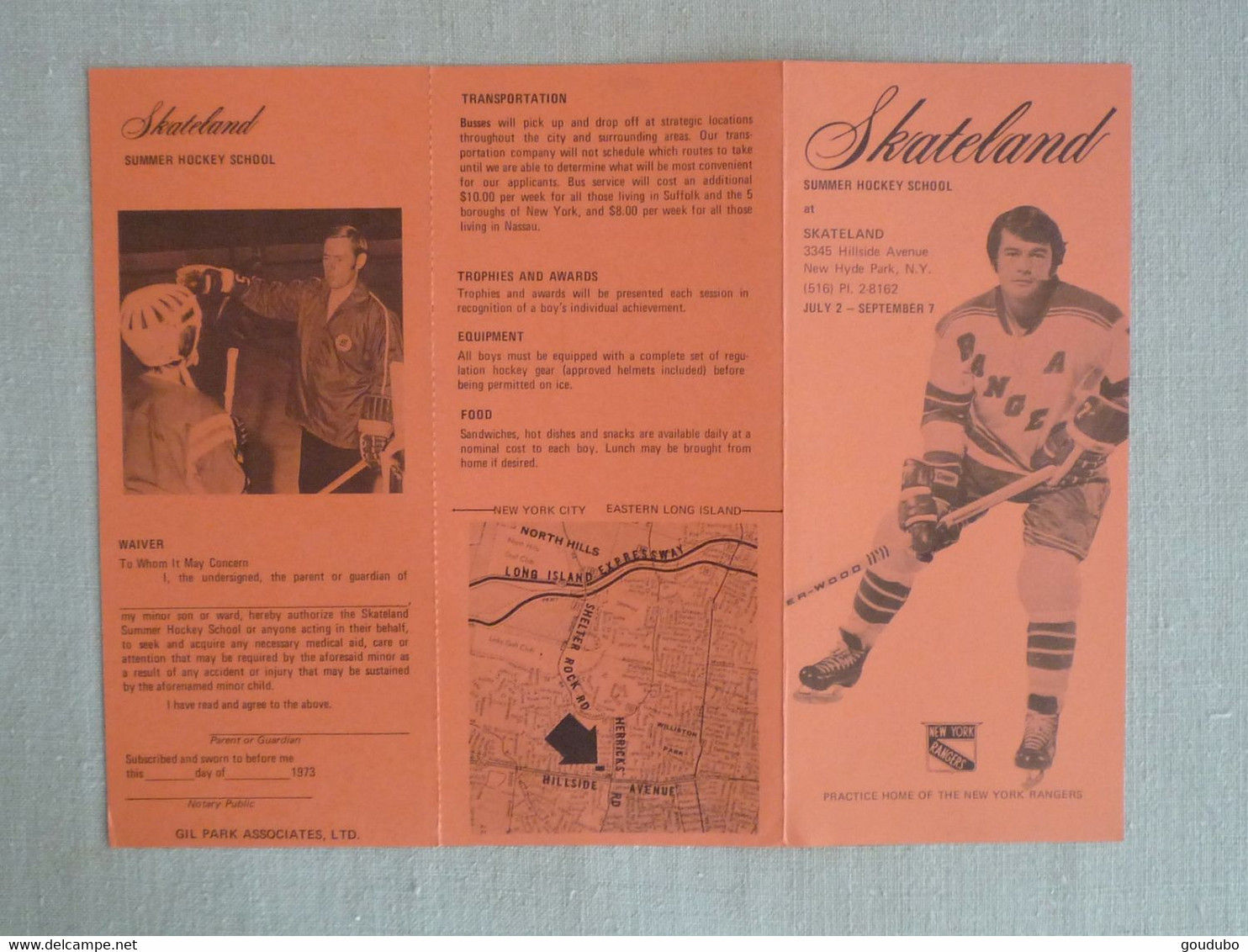 Rod Gilbert New-York Rangers Program Summer Hockey School 1973.Skateland. - Andere & Zonder Classificatie