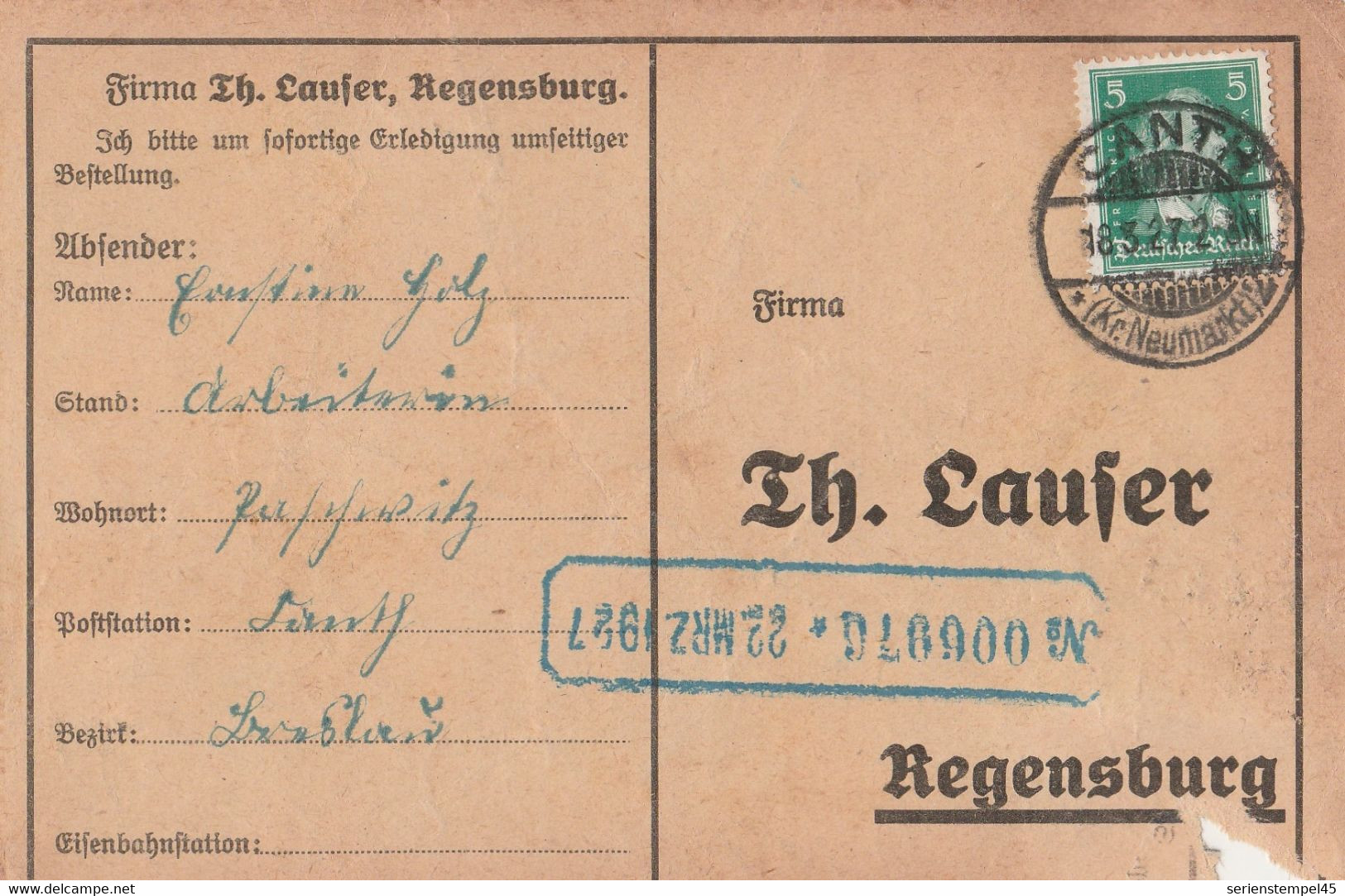 Deutsches Reich Karte Mit Tagesstempel Canth 1927 Kr Neumarkt Kanth Katy Wroclawskic Lk Breslau Schlesien - Lettres & Documents