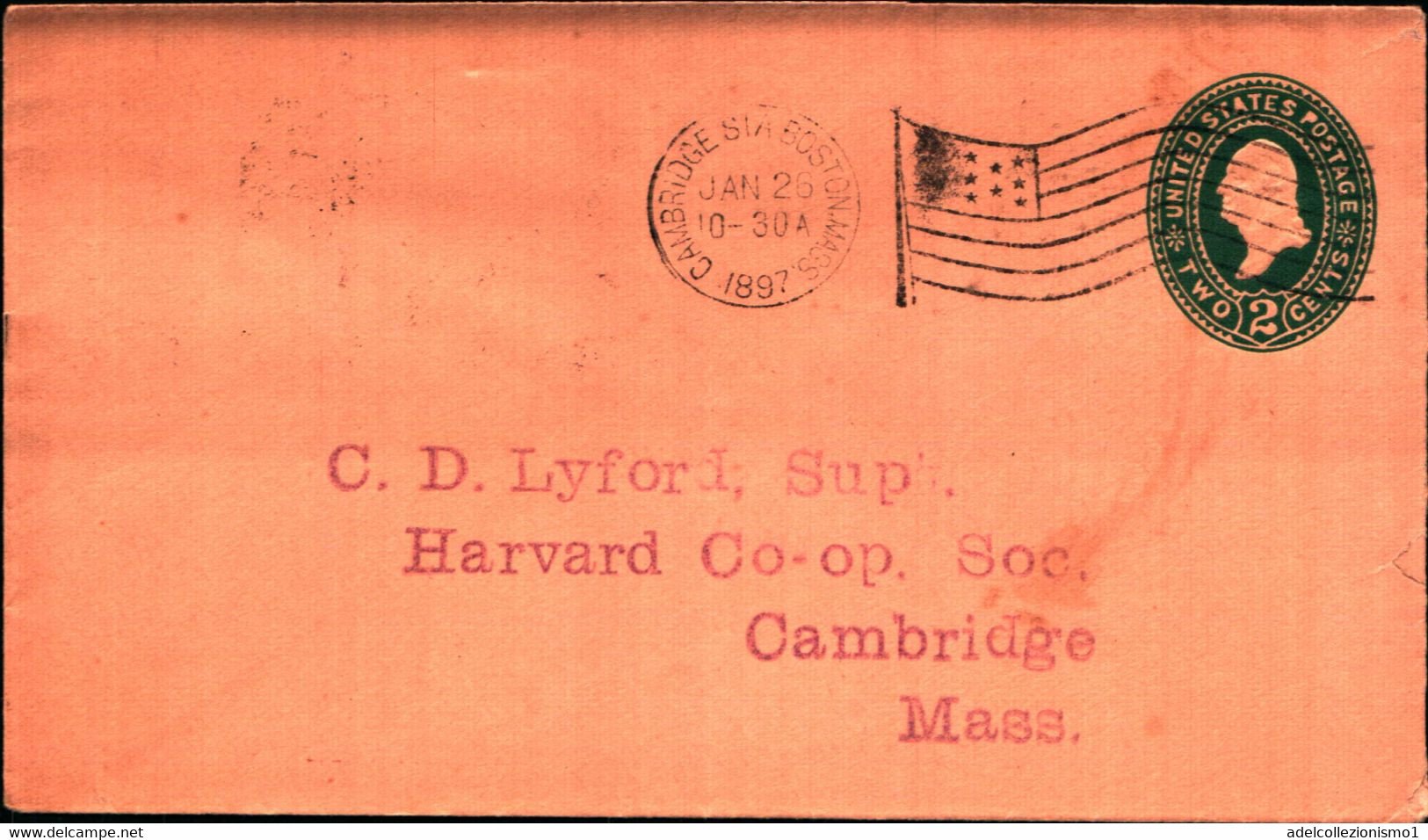 36252) Biglietto Postale Da 2 C. Franklin Verde Degli Stati Uniti-bollo Cambidgesia Boston Mass. Jan-26-1930 E Bandiera - Briefe U. Dokumente