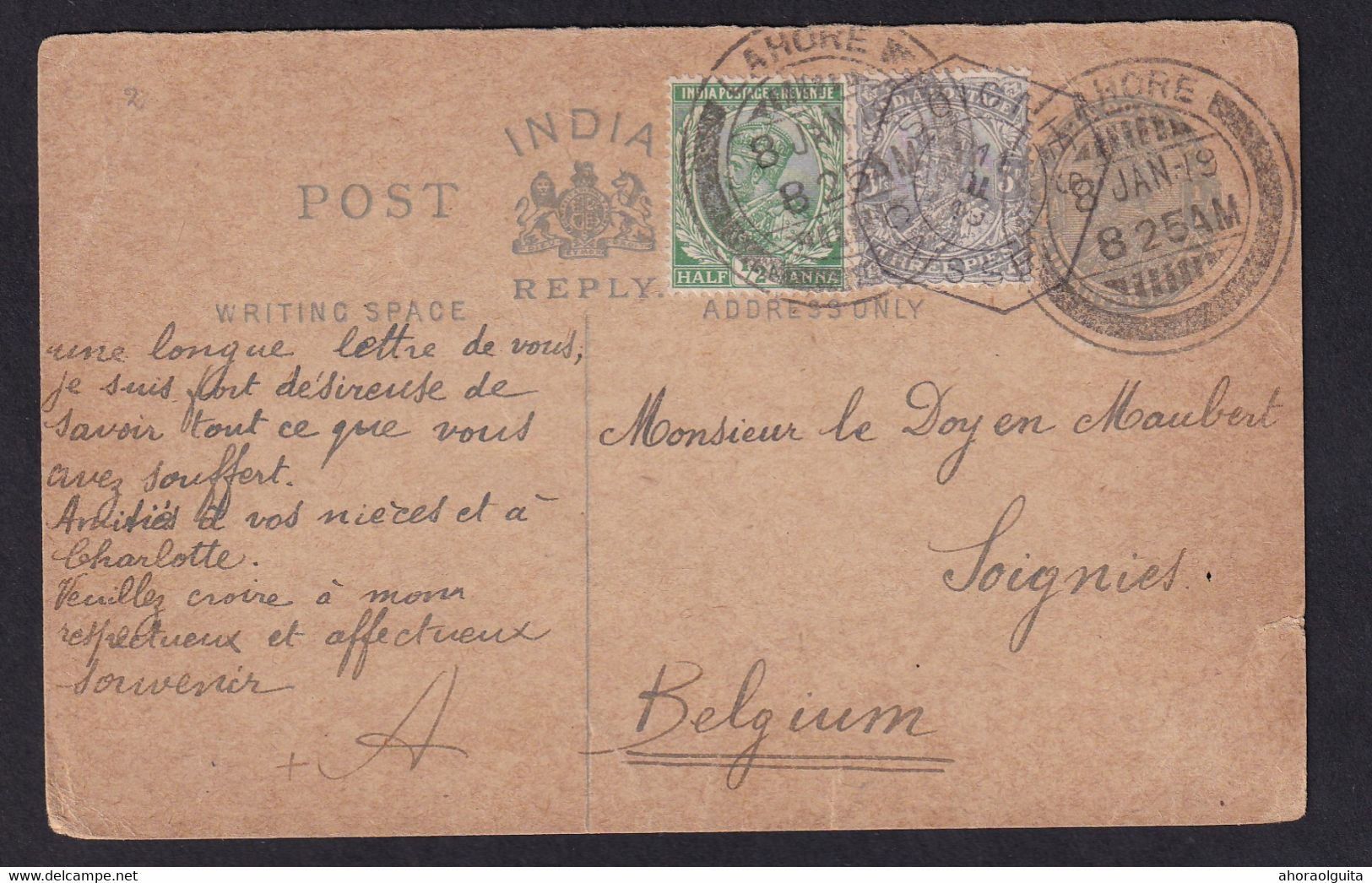 DDY 787 -- Cachets De FORTUNE 1919 - SOIGNIES CAISSE à L' Arrivée Sur Entier Postal British India LAHORE - Avec TB Texte - Foruna (1919)