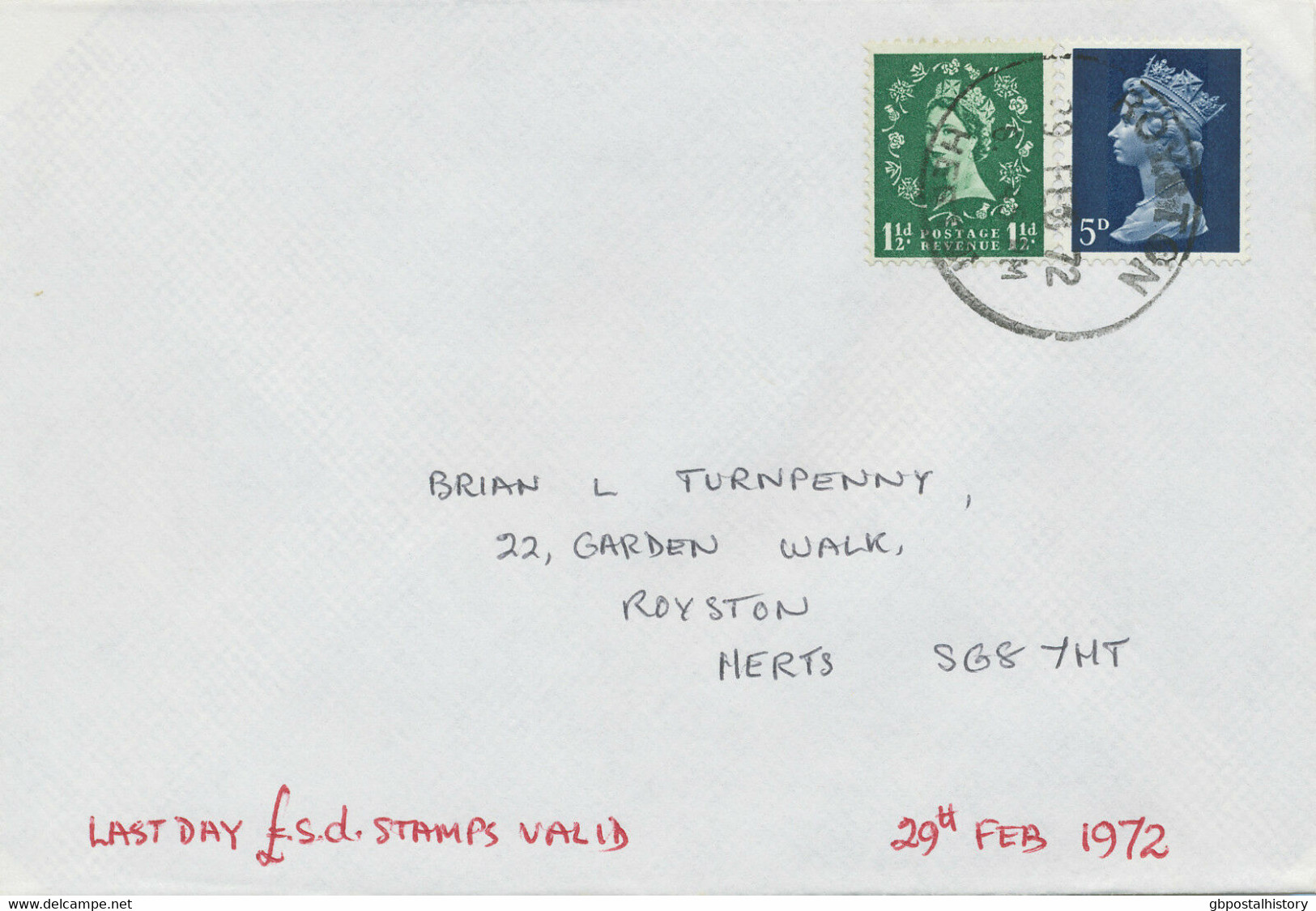 GB 1972 Wilding 1 1/2 D And Machin 5 D On Superb LAST DAY Cover!!! "ROYSTON" - Série 'Machin'