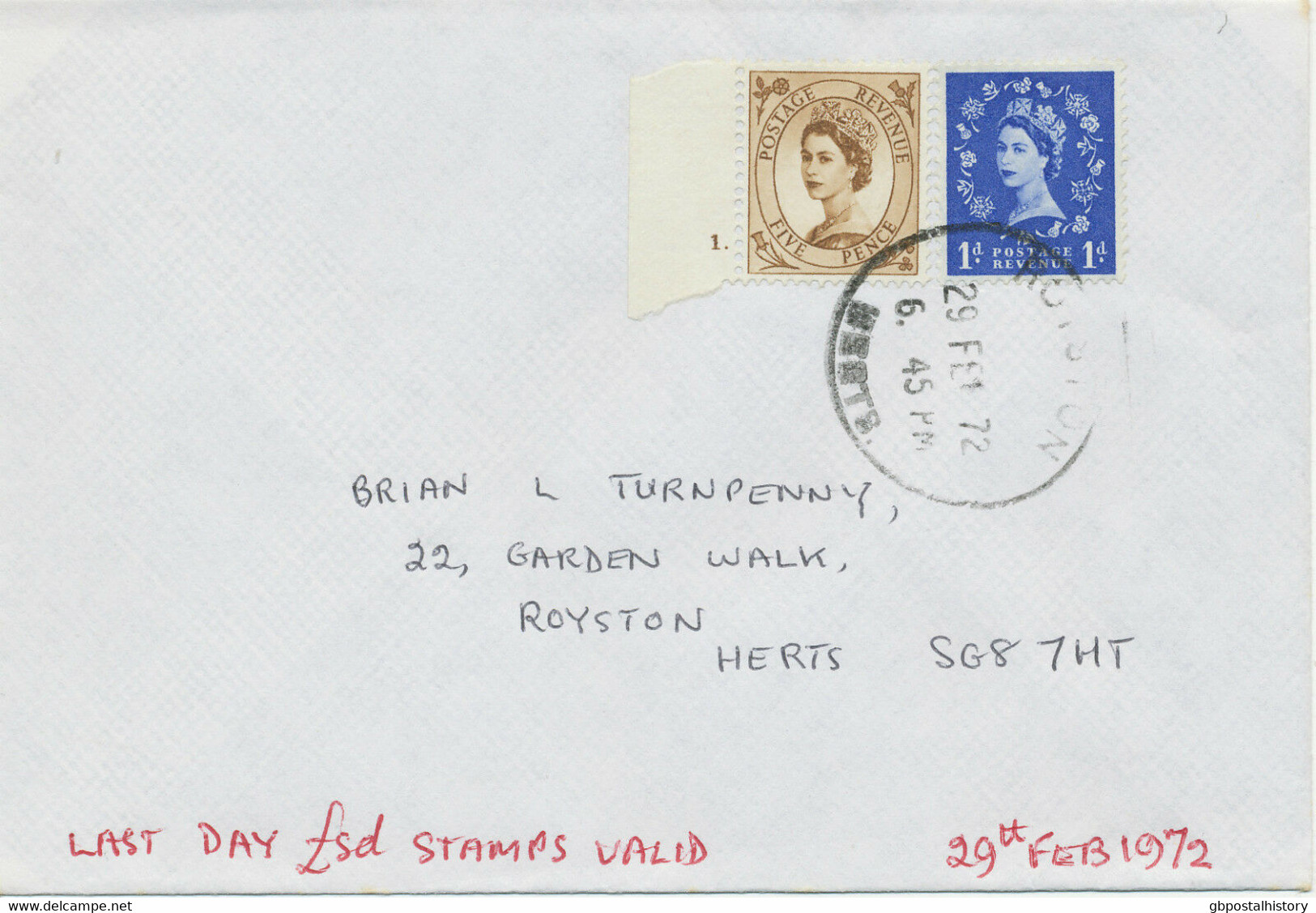 GB 1972 Wilding 1 D And 5 D (with Cyl.-Nr. 1 Dot) Superb Last Day Cover - 1971-1980 Decimale  Uitgaven