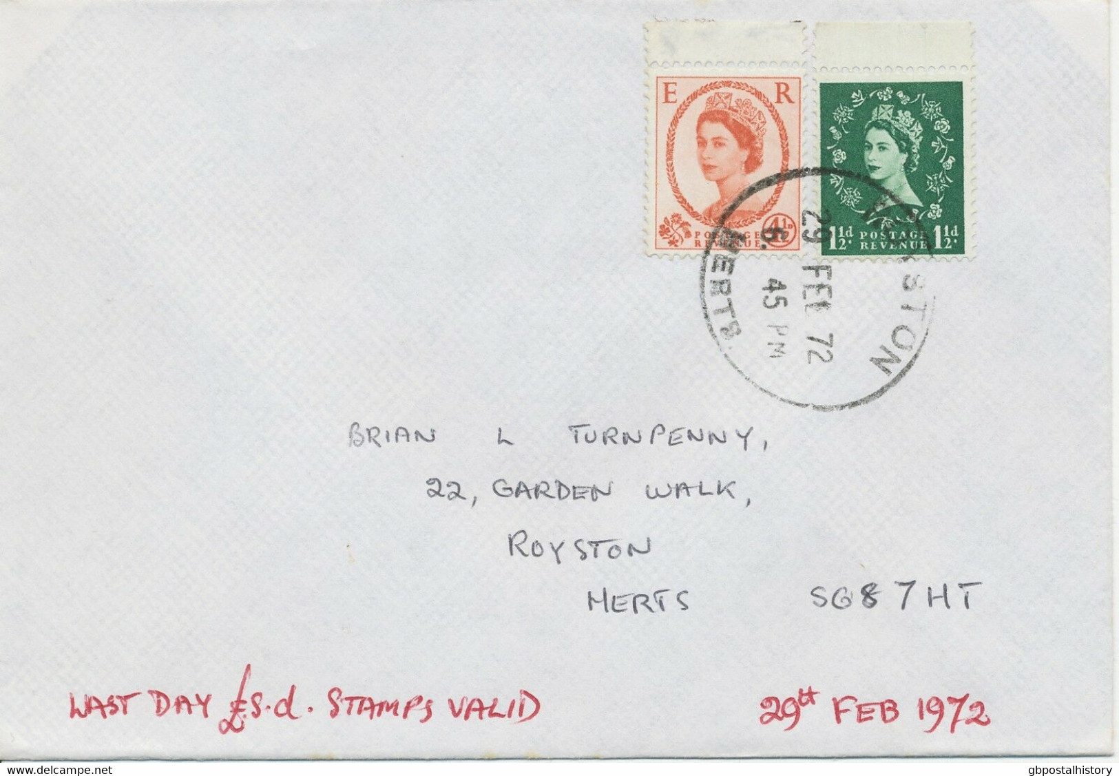 GB 29.2.1972 Wilding 1 1/2D + 4 1/2D On Superb Last Day Cover ROYSTON / HERTS. - 1971-1980 Dezimalausgaben