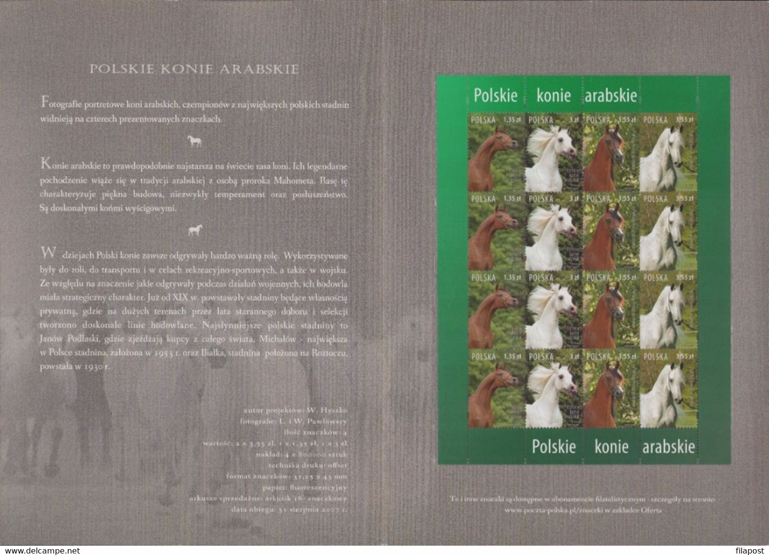 POLAND 2007 Souvenir Booklet / Polish Arabian Horses, Studs Champions, Animals, Exellent Racers / Full Sheet MNH**FV - Libretti