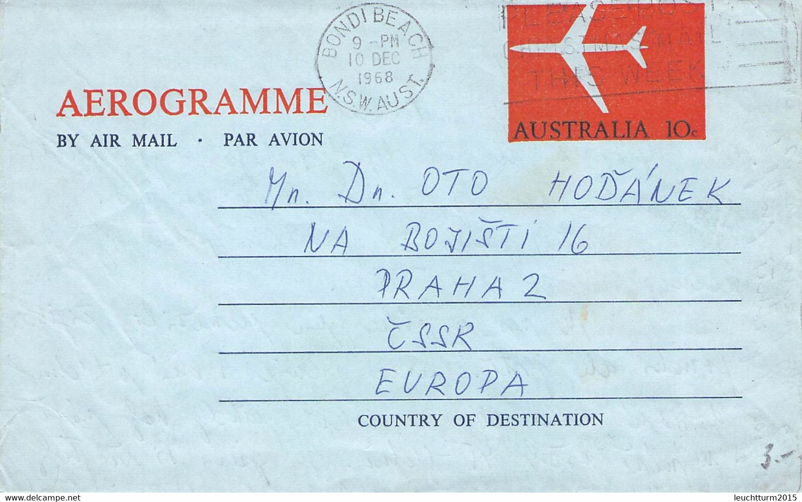 AUSTRALIA - AEROGRAMME 1968 BONDI BEACH > PRAHA/CZ /QD16 - Luchtpostbladen