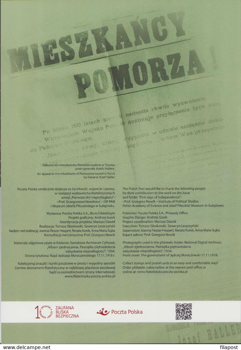 2019 POLAND Booklet / First Days Of Independence, Jozef Haller, Dowbor Musnicki / Mini Sheet On Self-stick Paper MNH**FV - Carnets