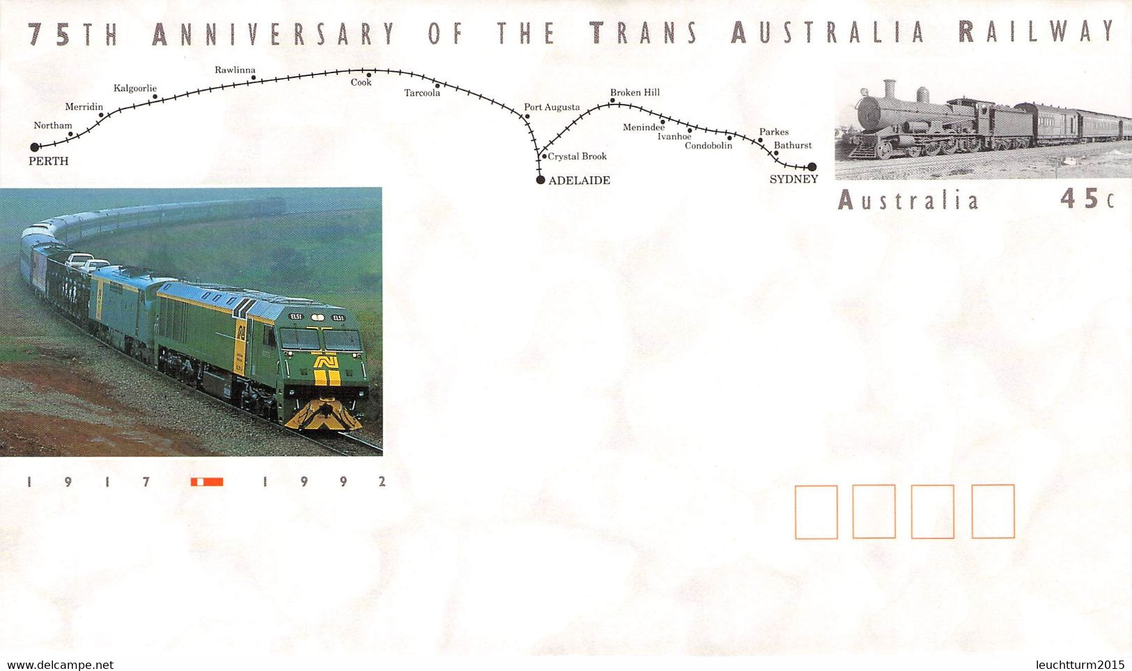 AUSTRALIA - Stationary ENVELOPE 45c RAILWAY 1992 Unc /QD38 - Postwaardestukken