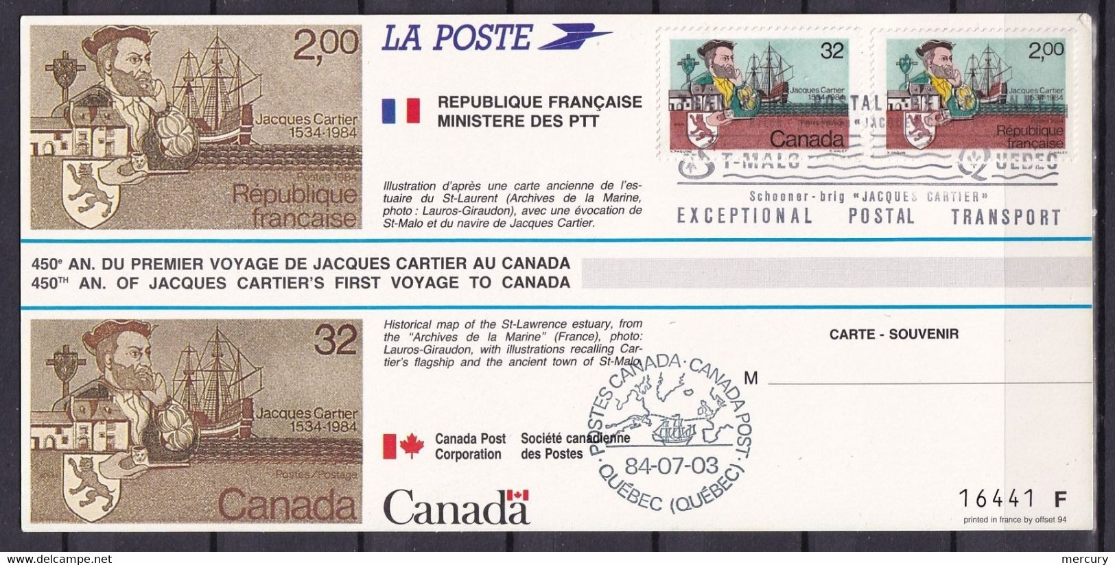 FRANCE - Jacques Cartier - Carte-souvenir émise En Commun Avec Le Canada - Brieven En Documenten