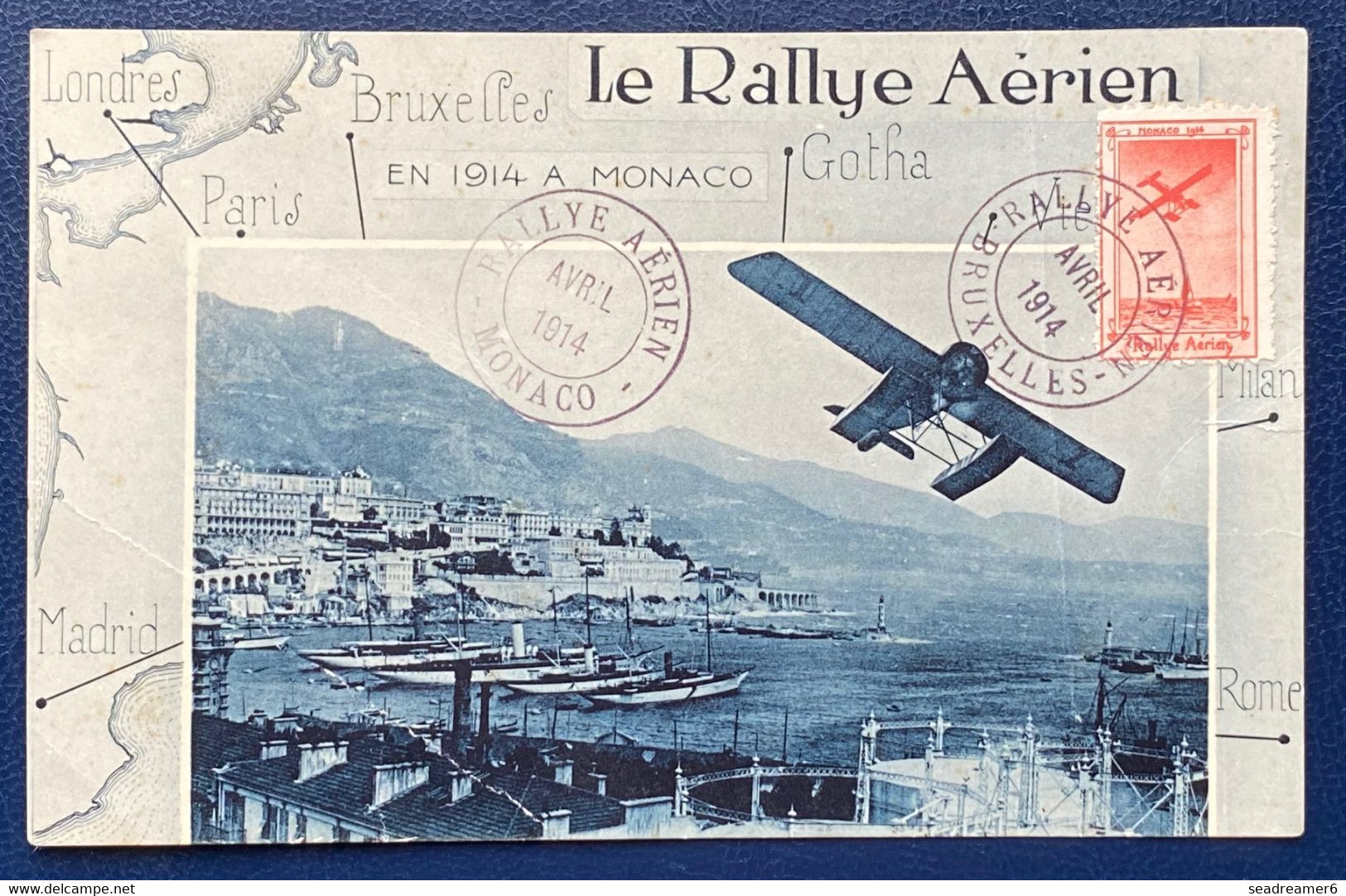 Carte Par Avion Le Rallye Aérien 1914 Vignette Obl Rallye Aerien Bruxelles Et MONACO (plis) Mais RARE - Lettres & Documents