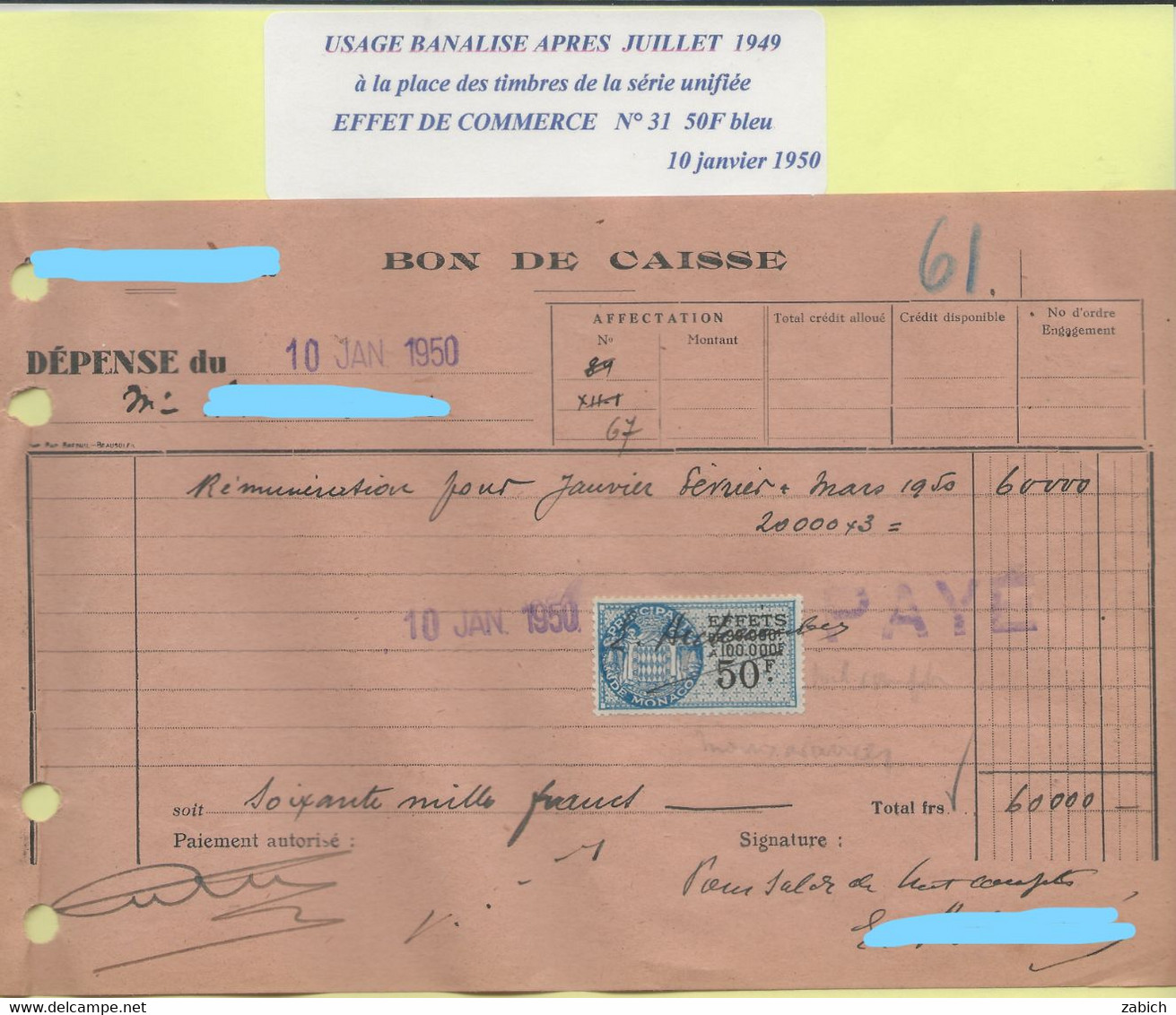 TIMBRES FISCAUX DE MONACO Effetde Commerce  N°31  50 F Bleu Usage Banalisé En 1950 - Fiscaux