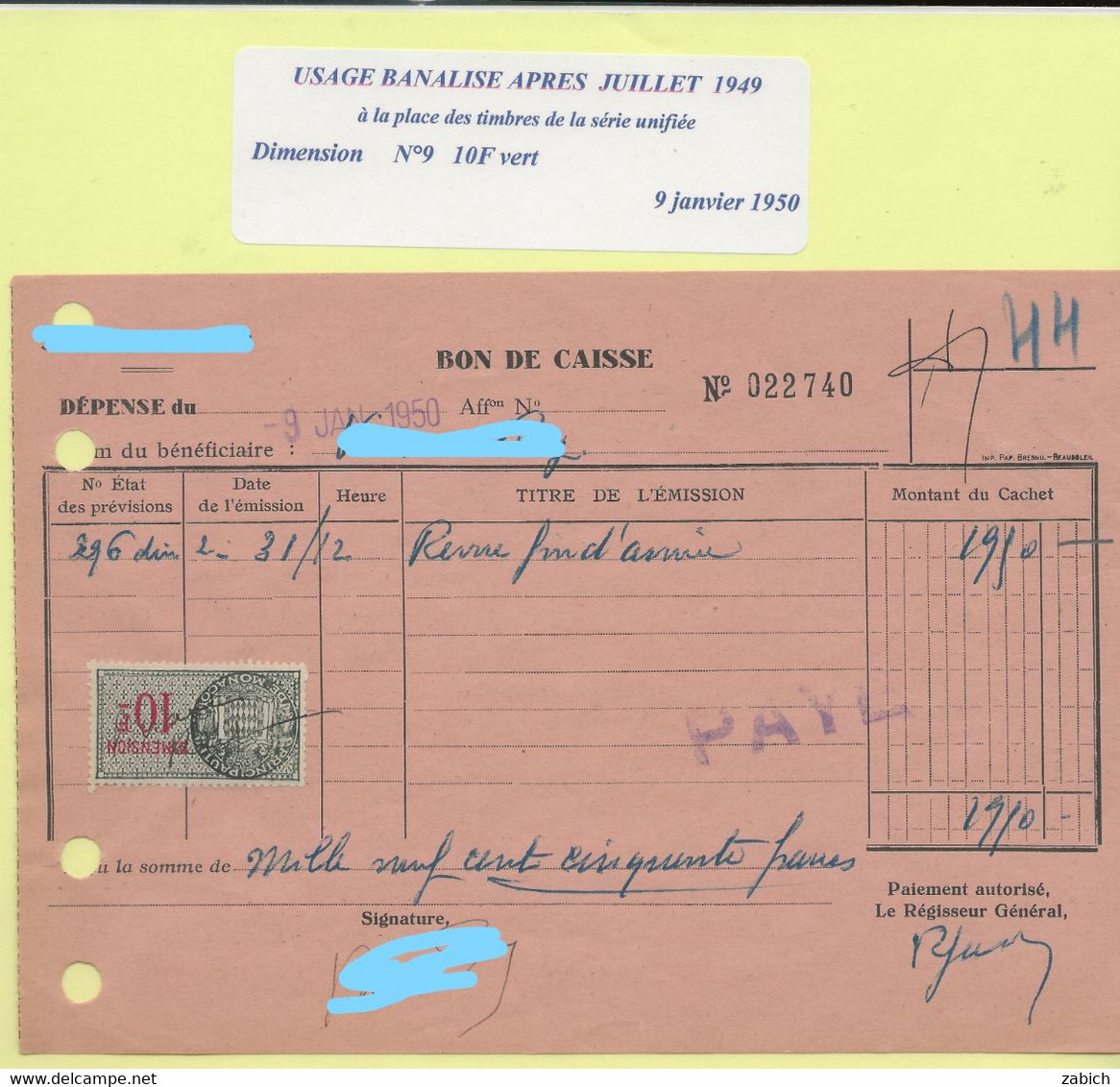 TIMBRES FISCAUX DE MONACO DIMENSION N°19  10F Vert   Usage Banalisé En 1950 - Revenue