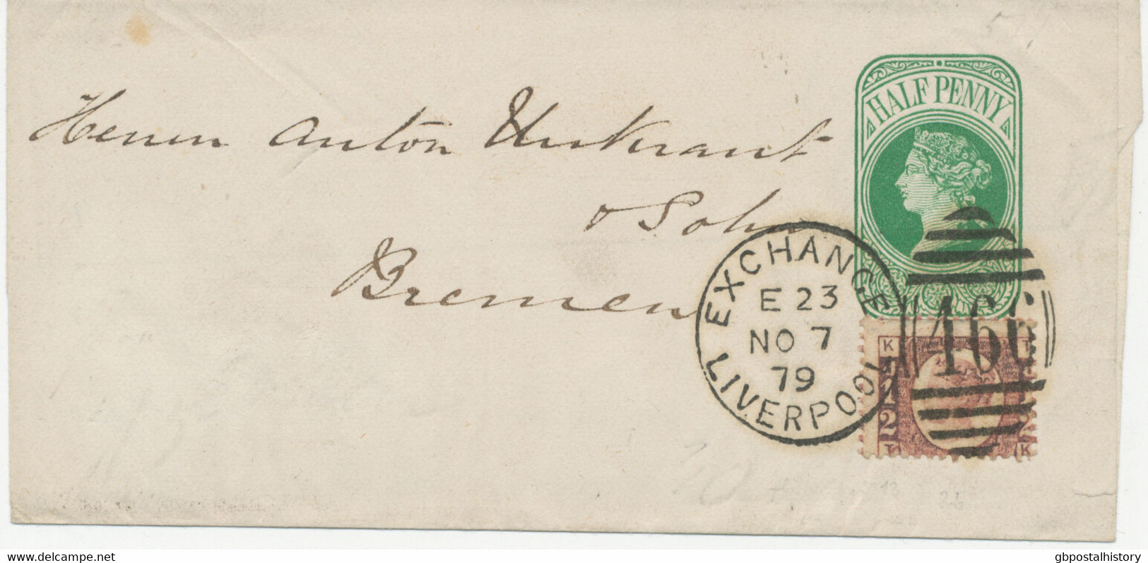 GB 1879 Superb QV ½ D Green Postal Stationery Wrapper Uprated With ½ D Bantam Plate 13 VARIETY - Covers & Documents