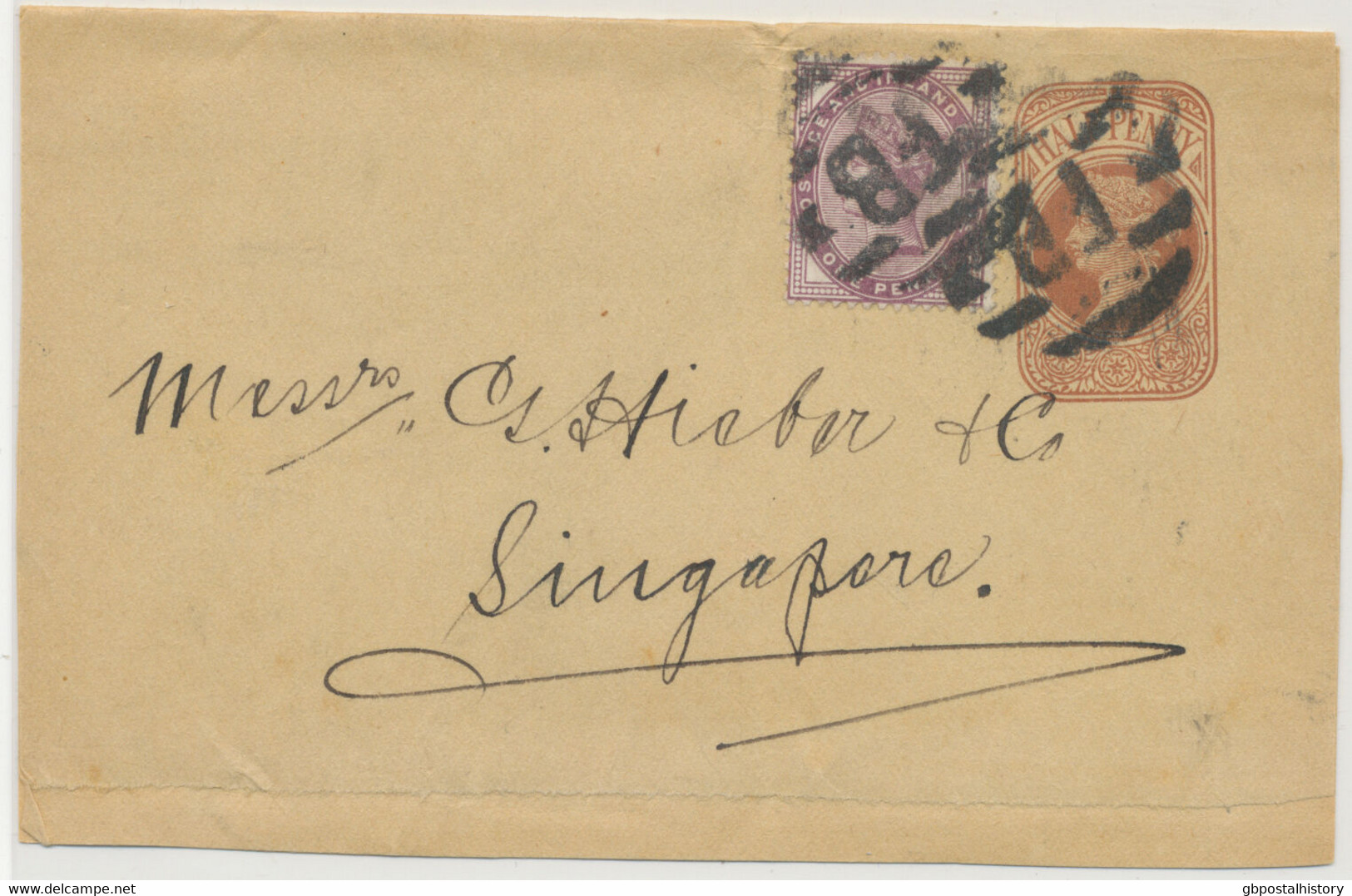 GB 1885 QV ½ D Postal Stationery Wrapper Uprated With QV 1D Lilac To SINGAPORE - Lettres & Documents