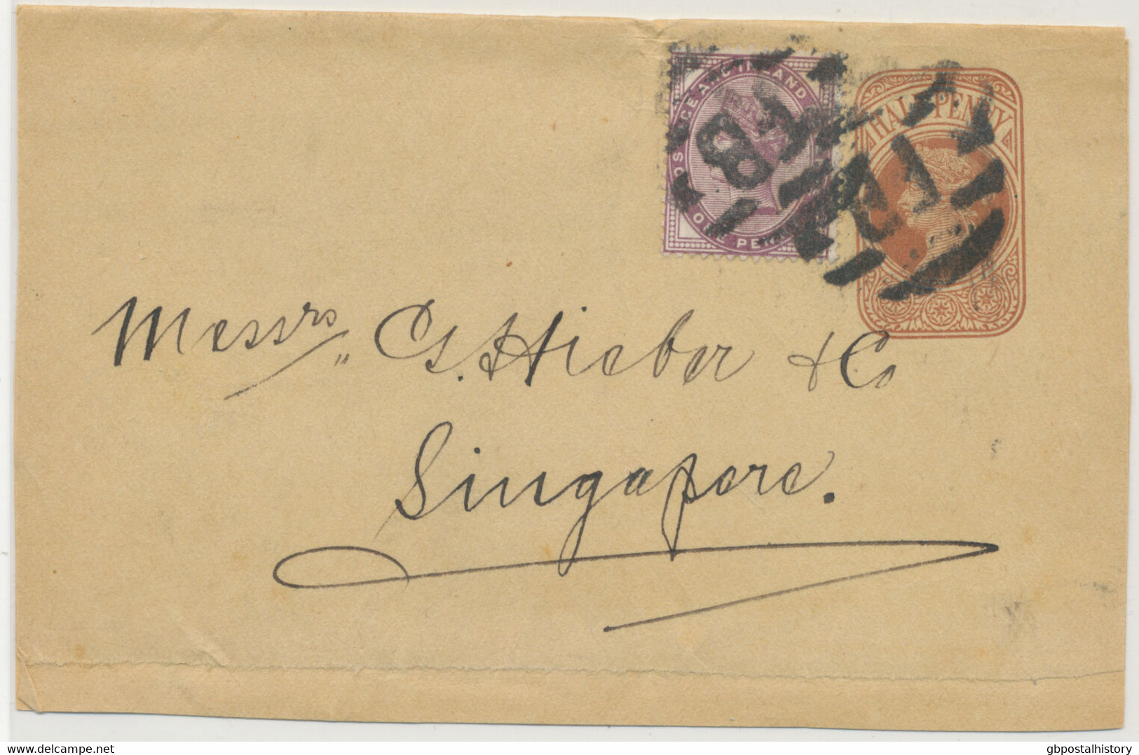 GB 1885 QV ½ D Postal Stationery Wrapper Uprated With QV 1D Lilac To SINGAPORE - Briefe U. Dokumente