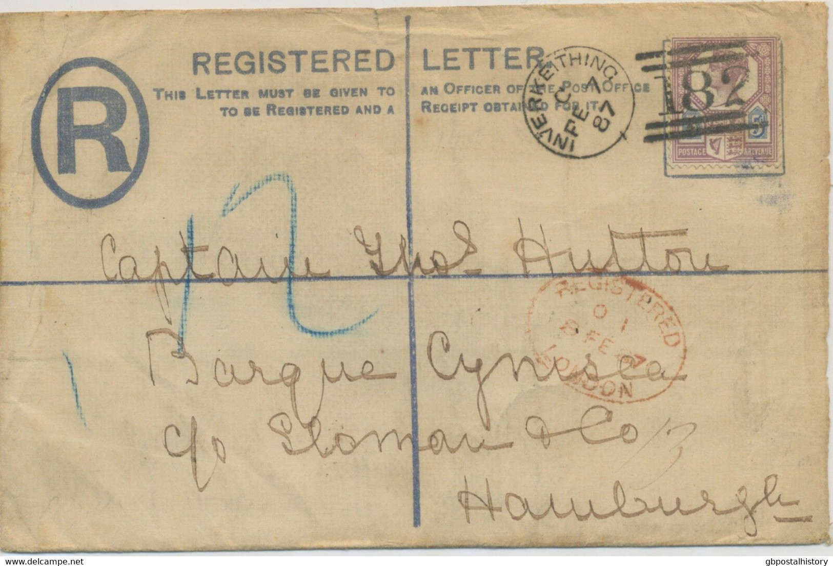 GB 1887 QV 2D Provisional Registered Env Uprated Jubilee 5D TYPE I INVERKEITHING - Briefe U. Dokumente