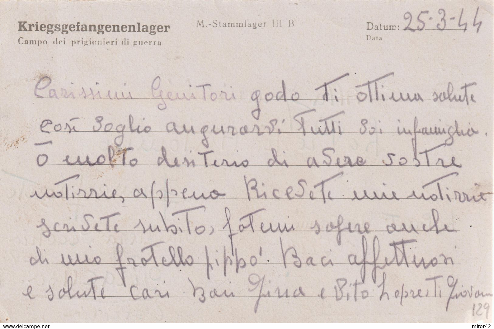 129*-Prigionieri Guerra Italiani  In Germania Dest.Sicilia Durante Amgot-Occupazione Alleata-25.3.44 - Occ. Anglo-américaine: Sicile