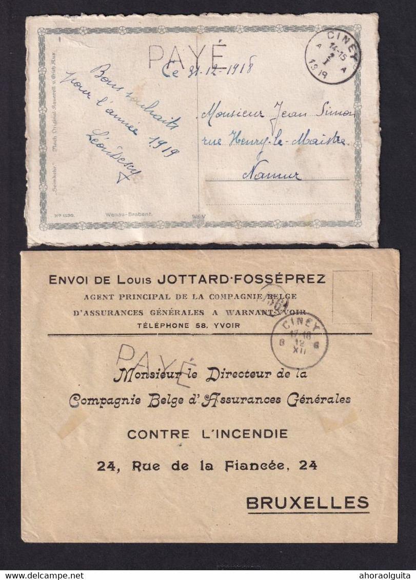 DDY 789 -- Cachets De FORTUNE - PAYE CINEY A Sur Carte (erreur 2  I  1918 !!!) Et CINEY B Sur Enveloppe (sans Millésime) - Fortune Cancels (1919)