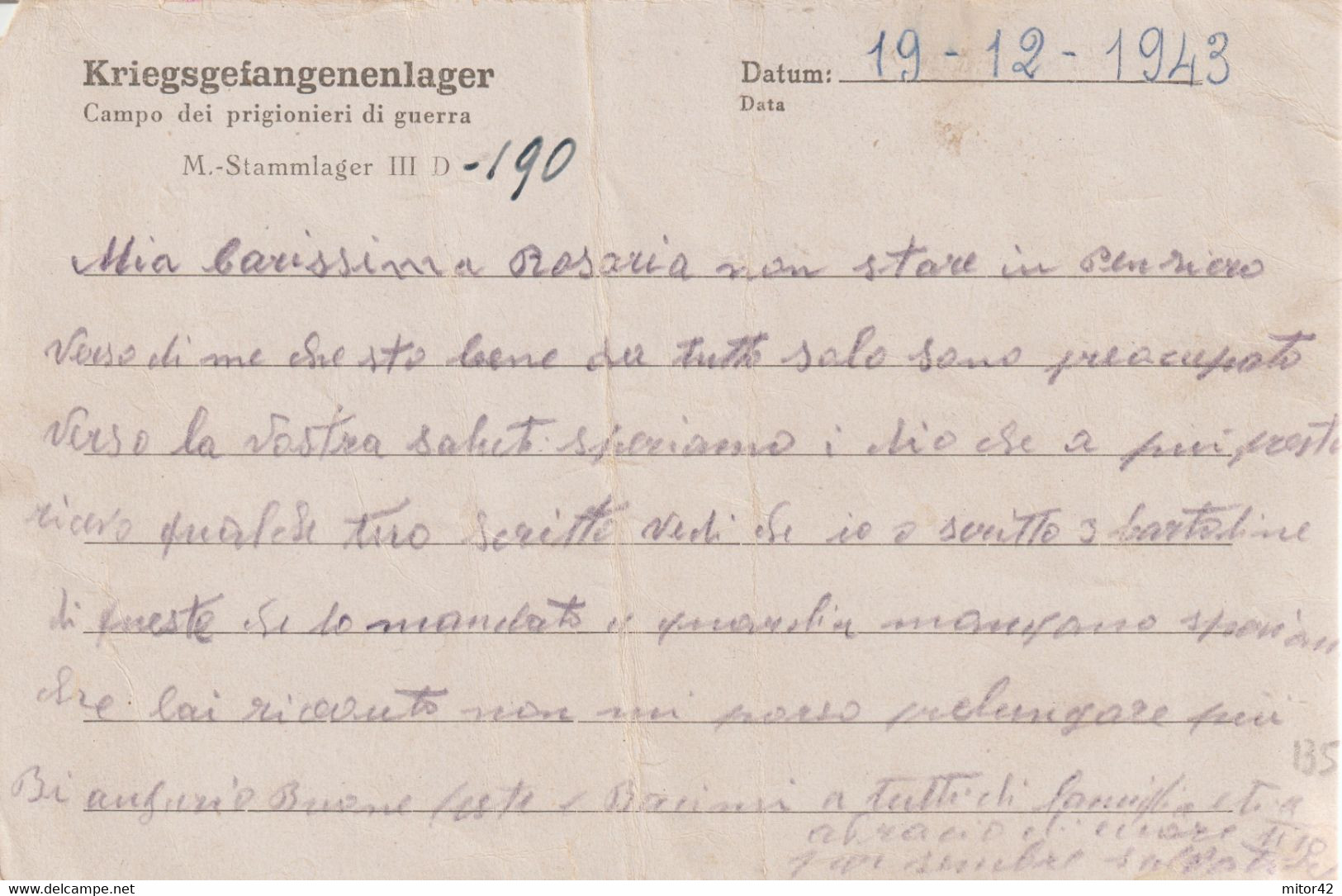 135*-Prigionieri Guerra Italiani  In Germania Dest.Sicilia Durante Amgot-Occupazione Alleata-4.1.44 - Occ. Anglo-américaine: Sicile