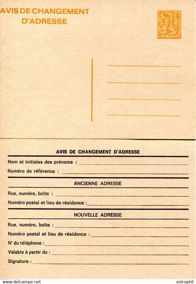 11100103 BE Avis De Changement + Carte-lettre; Lion Héraldique 9bef - Avis Changement Adresse