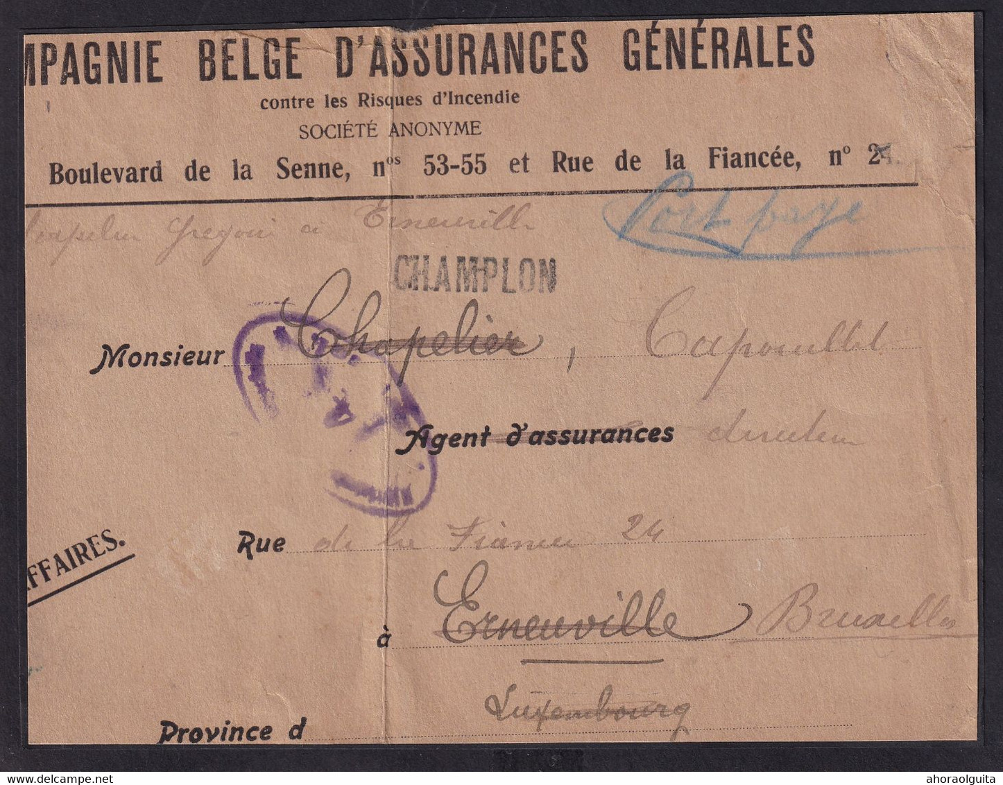 DDY 796 -- Cachets De FORTUNE 1918/19 -  Griffe De CHAMPLON + Manuscrit En Bleu Port Payé Sur Fragment D'ERNEUVILLE - Fortune Cancels (1919)