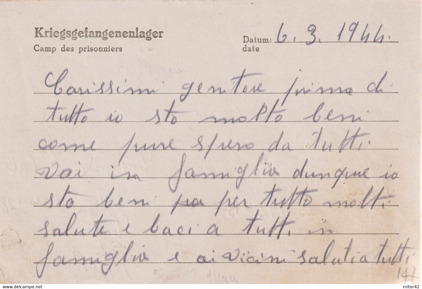 147*-Prigionieri Guerra Italiani  In Germania Dest.Sicilia Durante Amgot-Occupazione Alleata-6.3.44 - Occ. Anglo-américaine: Sicile