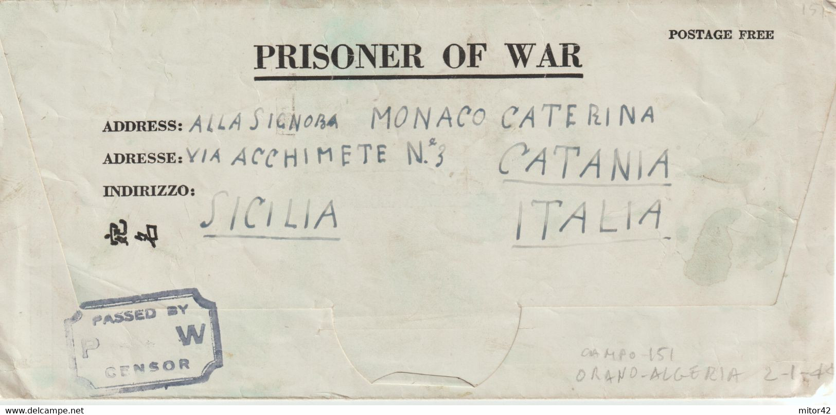 98*-Prigionieri Guerra Italiani-NATO-USA In Algeria-Campo 151-18.4.44 X Sicilia-Catania - Occ. Anglo-américaine: Sicile