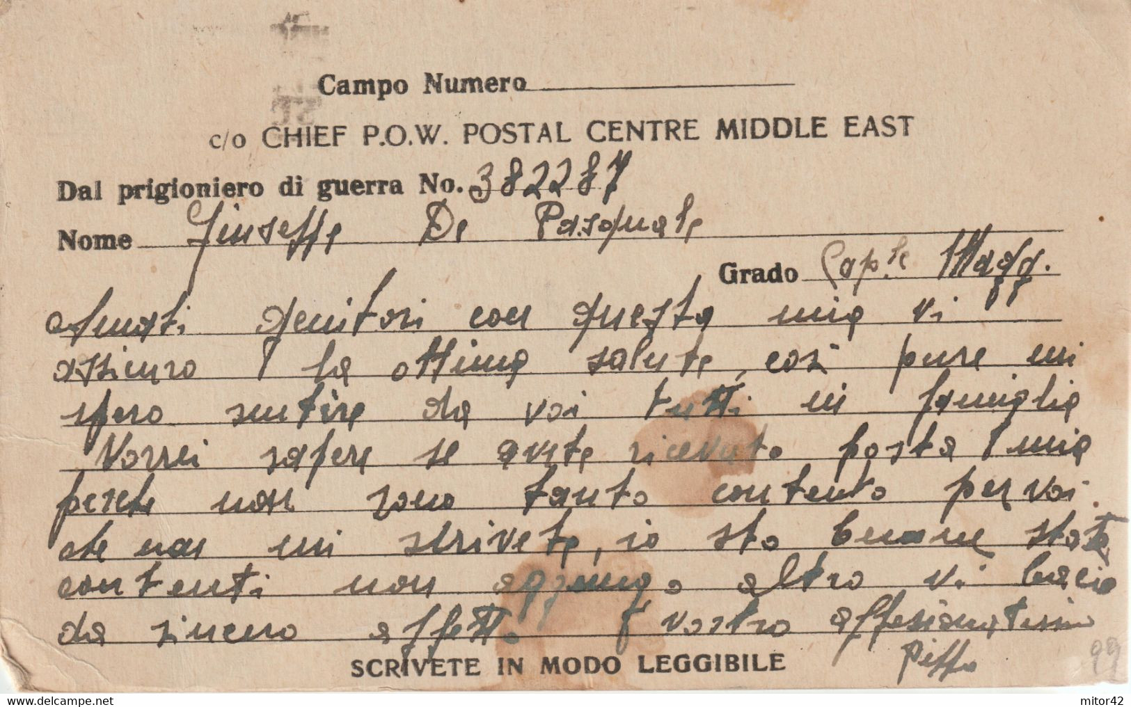 99*-Prigionieri Guerra Italiani-Chief P.O.W.Postal Centre Middle East-14.2.44 X Sicilia-Catania - Occ. Anglo-américaine: Sicile