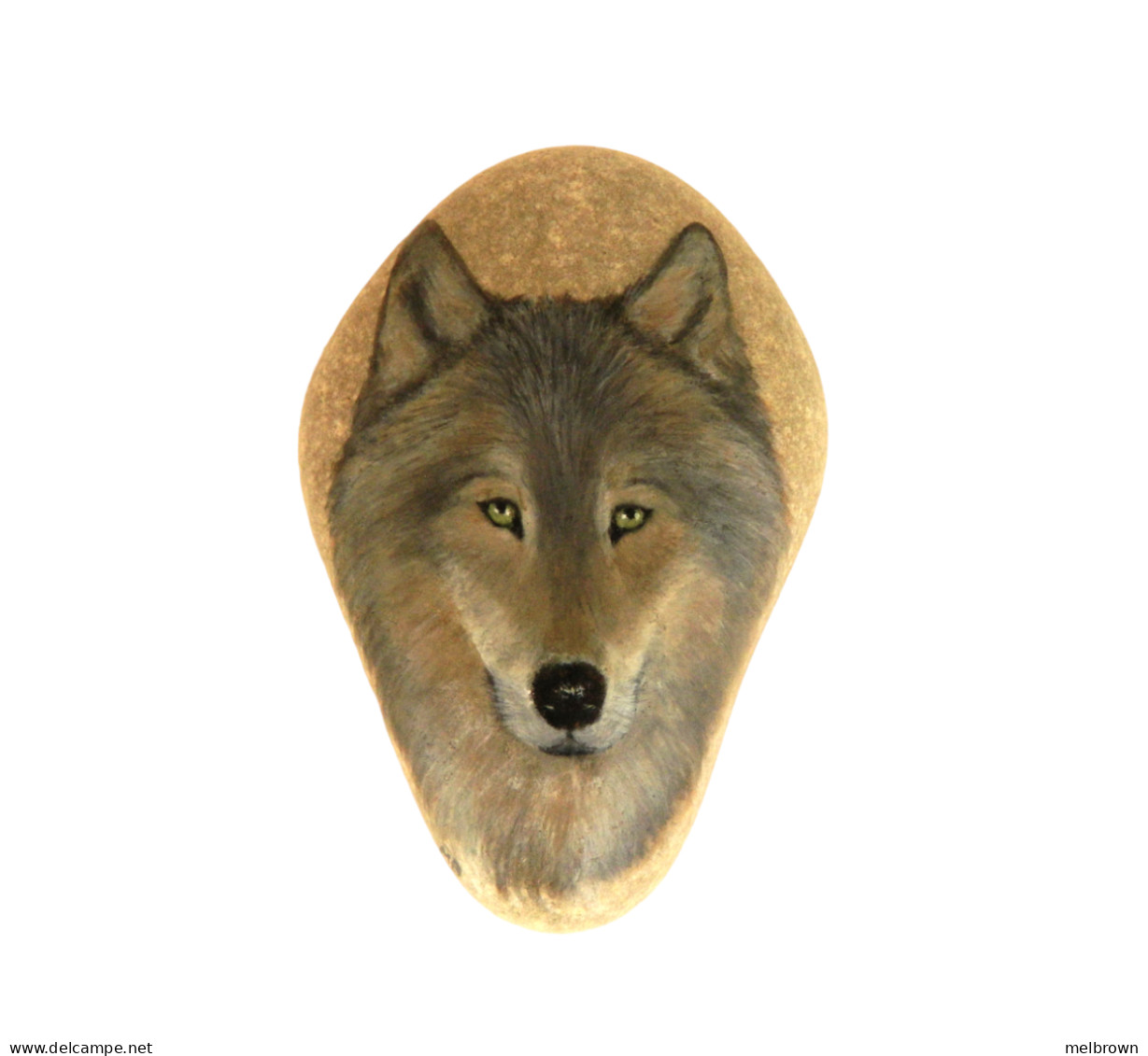 Original Hand Painted Image Of A Grey Wolf On A Smooth Beach Stone Paperweight - Estampas