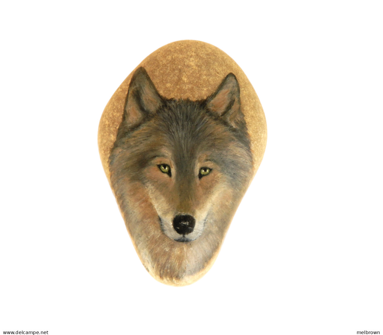 Original Hand Painted Image Of A Grey Wolf On A Smooth Beach Stone Paperweight - Waterverf