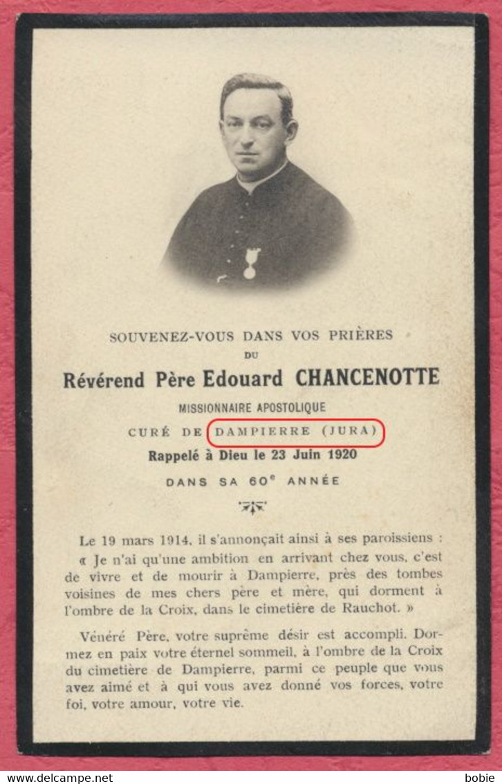 Dampierre Jura : Faire Part - Carte De Décès Du Révérend Père Edouard Chancenotte 1920 / Thème Religion - Généalogie - Dampierre