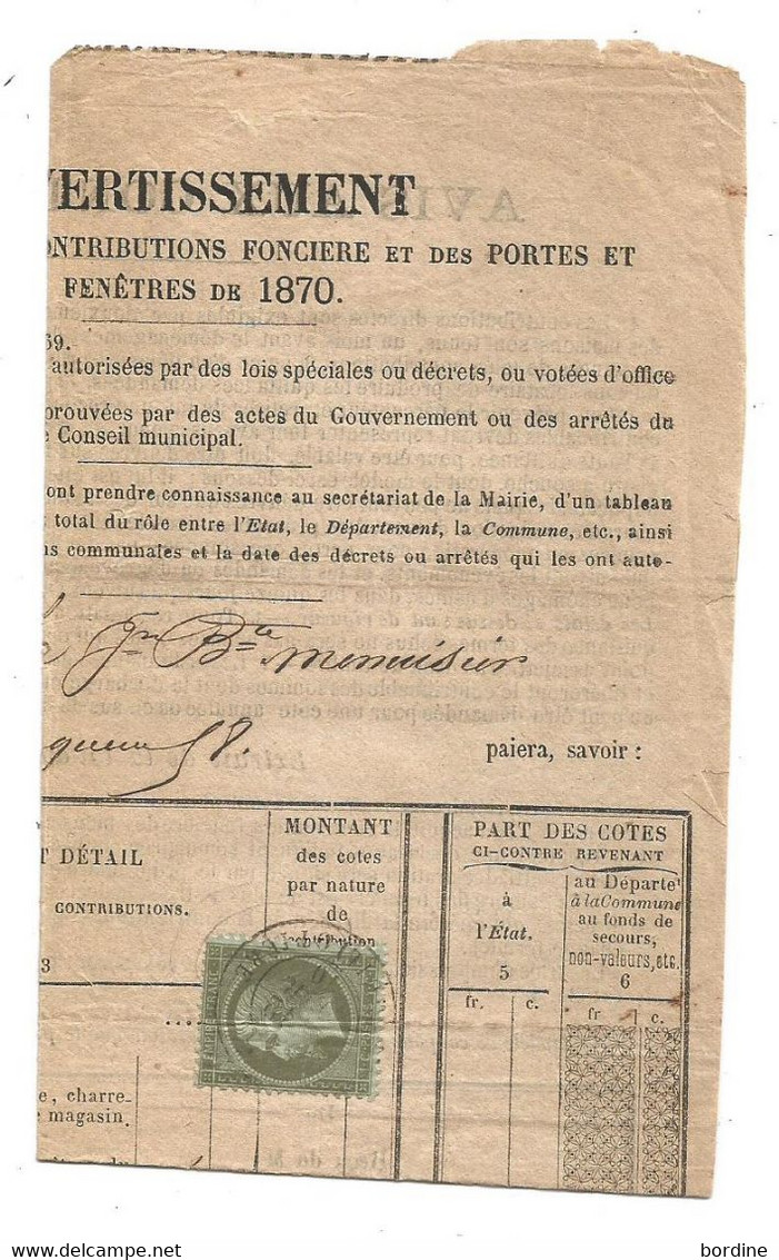 - RHONE - LYON - Cachet à Date Type 15  S/TP Napoleon III - N°19 - 1870 - 1862 Napoleon III