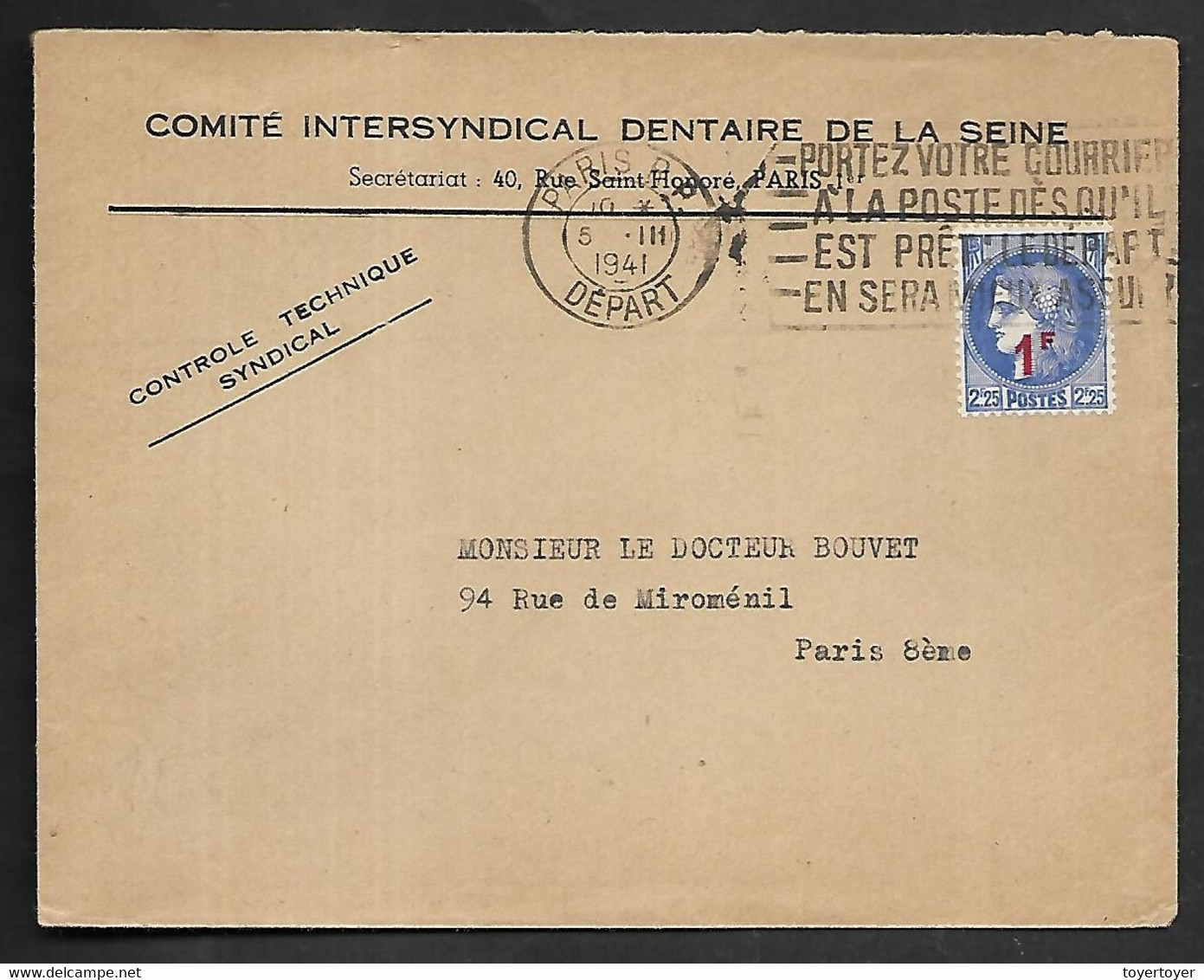 LF D69  Enveloppe De 1941 Timbre N°487 - 1921-1960: Période Moderne