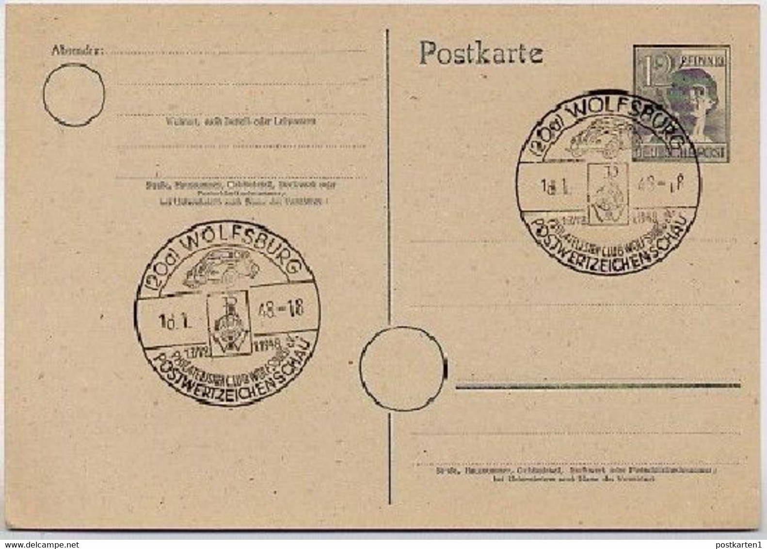 Postkarte P962 PF V PLATTENFEHLER  Sost. VW KÄFER Wolfsburg  1948 - Ganzsachen