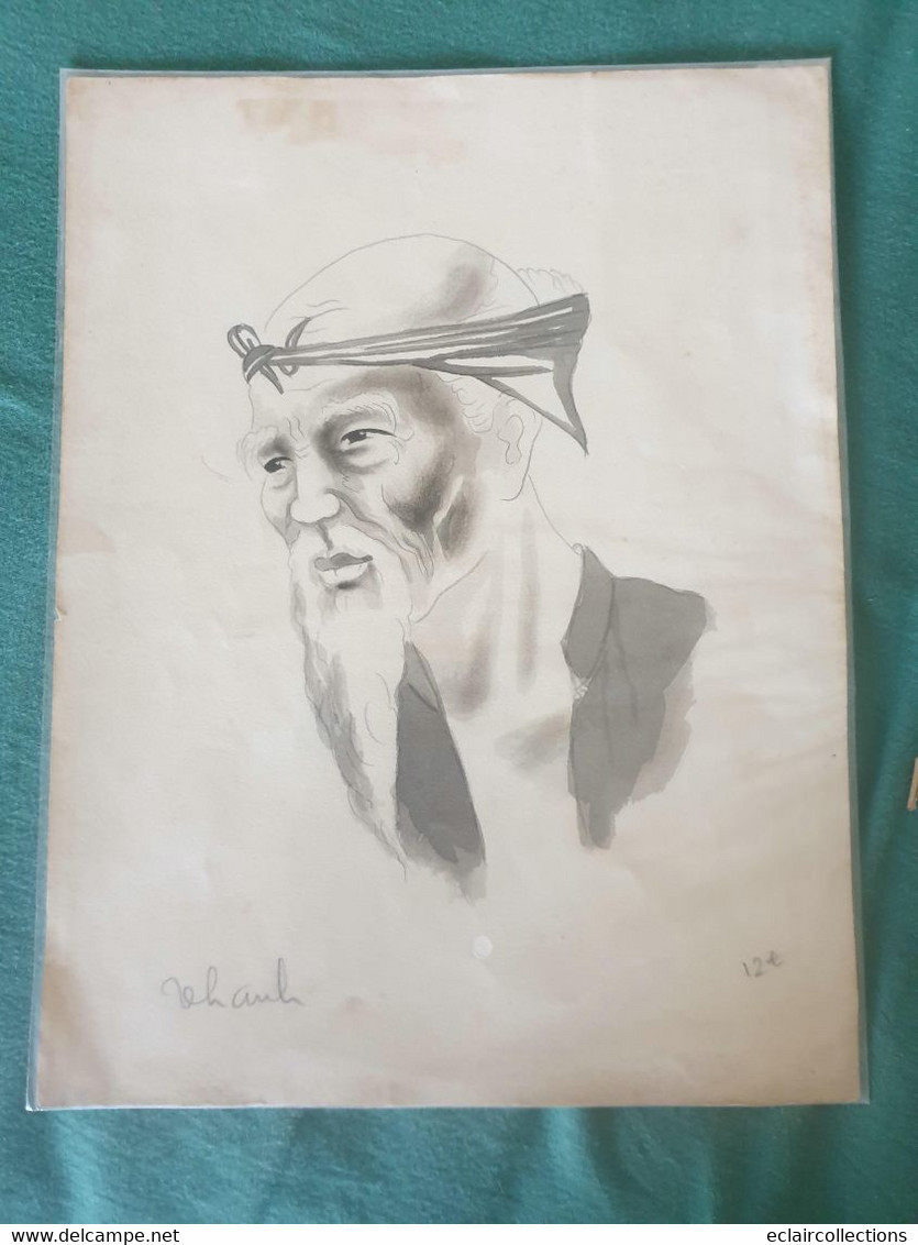 Vieux Papiers: Dessin .Illustrateur   Portrait D'un Homme Chinois . Papier épais      0.32 X  0.25 - Zonder Classificatie