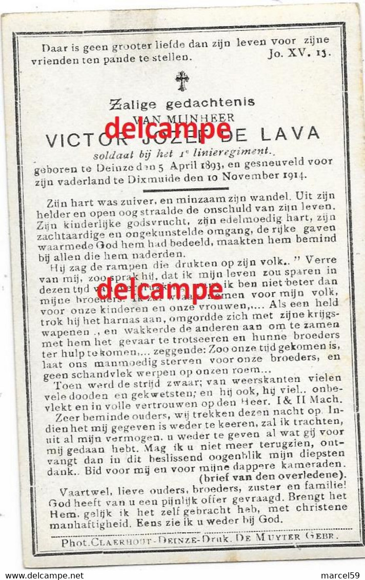 Oorlog Guerre Victor De Lava Deinze Soldaat Gesneuveld Te Diksmuide 10 Nov 1914 Kaaskerke Vinkt Nevele Meigem - Images Religieuses