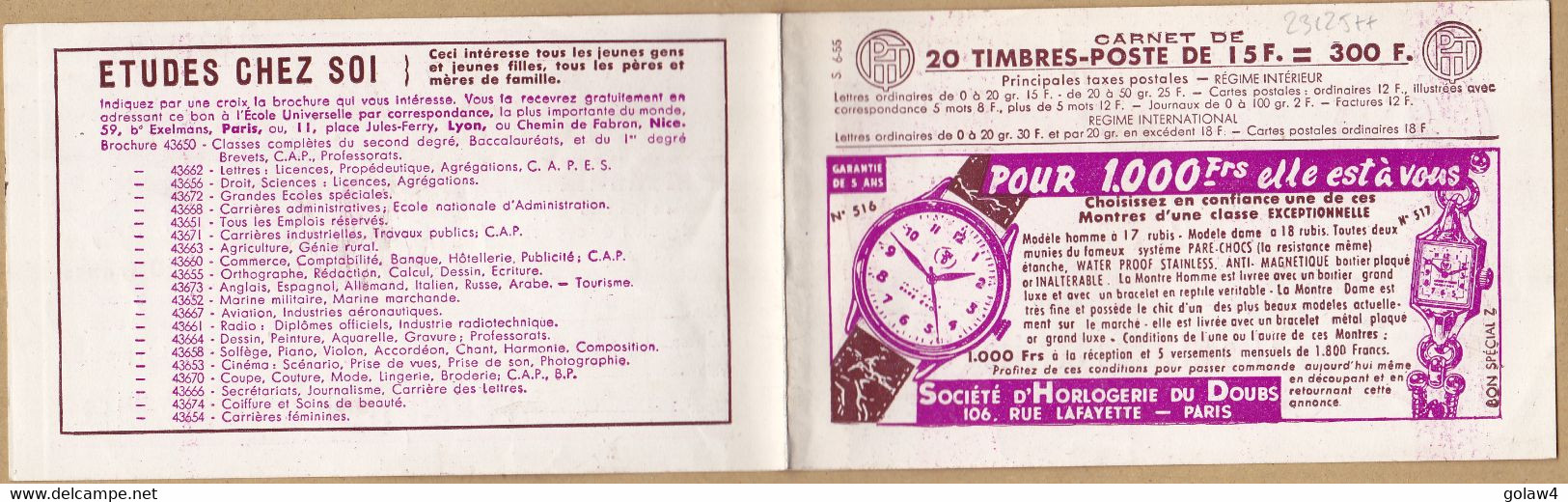 23125# CARNET DE 20 TIMBRES POSTE A 15 F VIDE S6-55 SOCIETE HORLOGERIE DOUBS ESSO PERNET DUCHER - Otros & Sin Clasificación