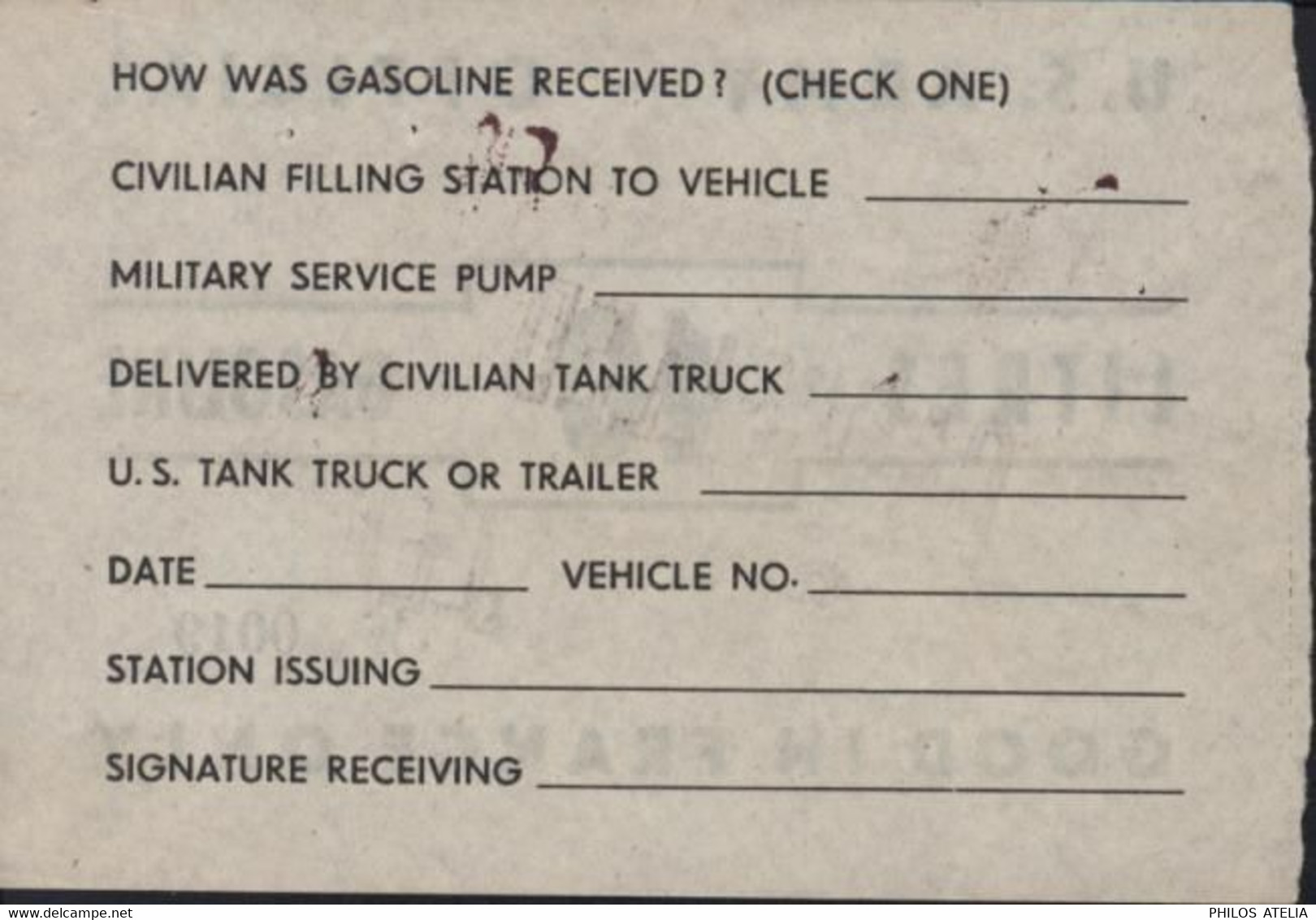 Bon 10L Carburant Gasoline U.S. ARMY OFFICIAL Good In France Only Cancelled - Bons & Nécessité