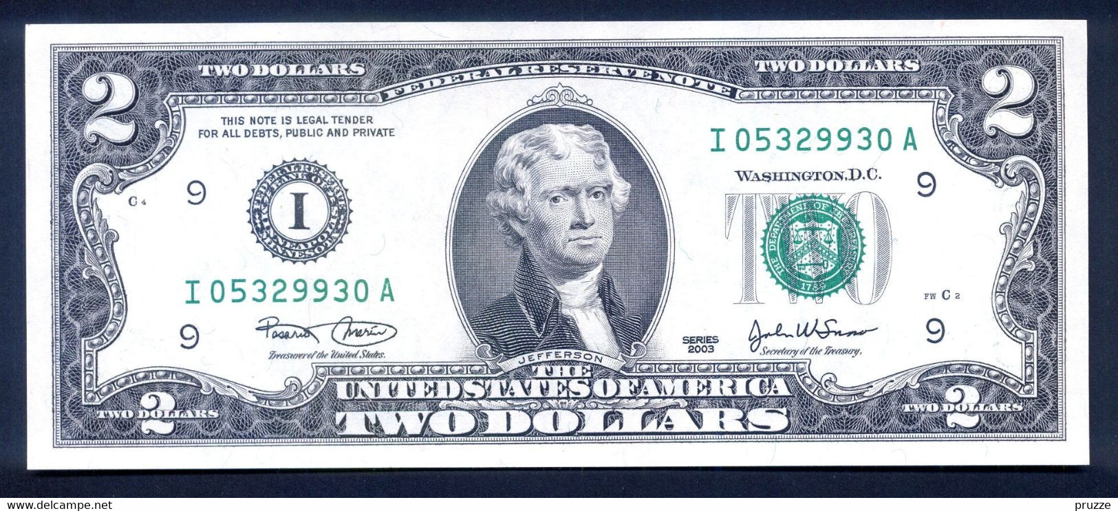 USA 2003, Federal Reserve Note, 2 $, Two Dollars, I05329930A, I = Minneapolis, UNC - Biljetten Van De  Federal Reserve (1928-...)