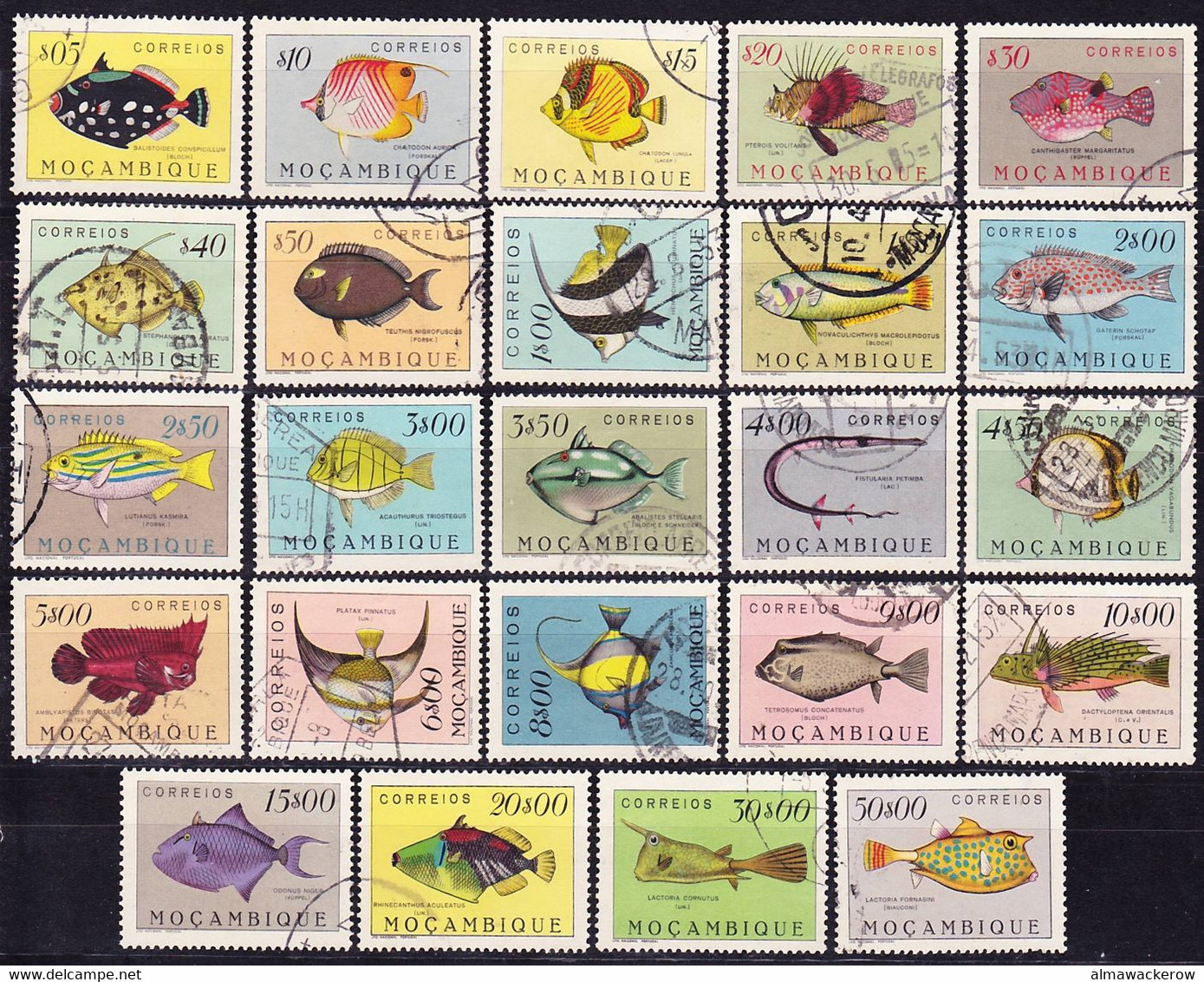 Mocambique 1951 Complete Definitive Set Fishes Afinsa 356-379, Mi 385-408 Used O - Mosambik