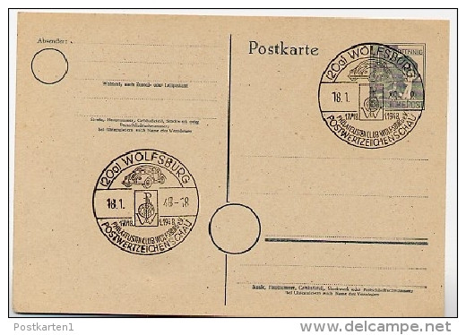 P962  Postkarte Sost. Postwertzeichen-Schau  Abb. VW-Käfer  WOLFSBURG  1948 - Ganzsachen