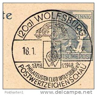 P962  Postkarte Sost. Postwertzeichen-Schau  Abb. VW-Käfer  WOLFSBURG  1948 - Ganzsachen