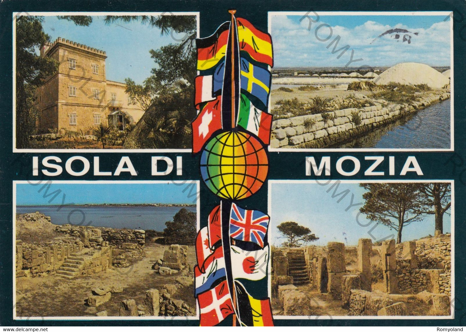 CARTOLINA ISOLA DI MOZIA,MARSALA,SICILIA,VILLA WHITAKER-SALINE DELLO STAGNONE DI MOZIA-PORTA NORD-VIAGGIATA 1985 - Marsala