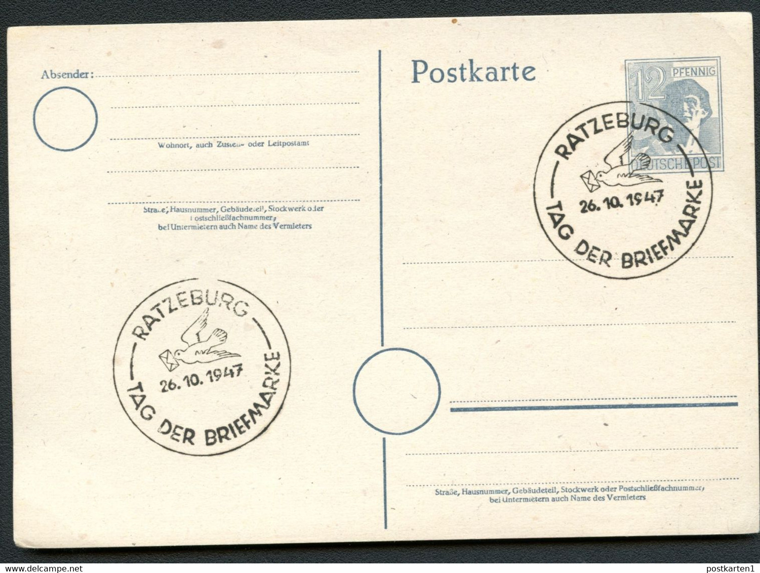 Postkarte P962 Alliierte Besetzung Sost. TAG DER BRIEFMARKE RATZEBURG 1947 - Interi Postali