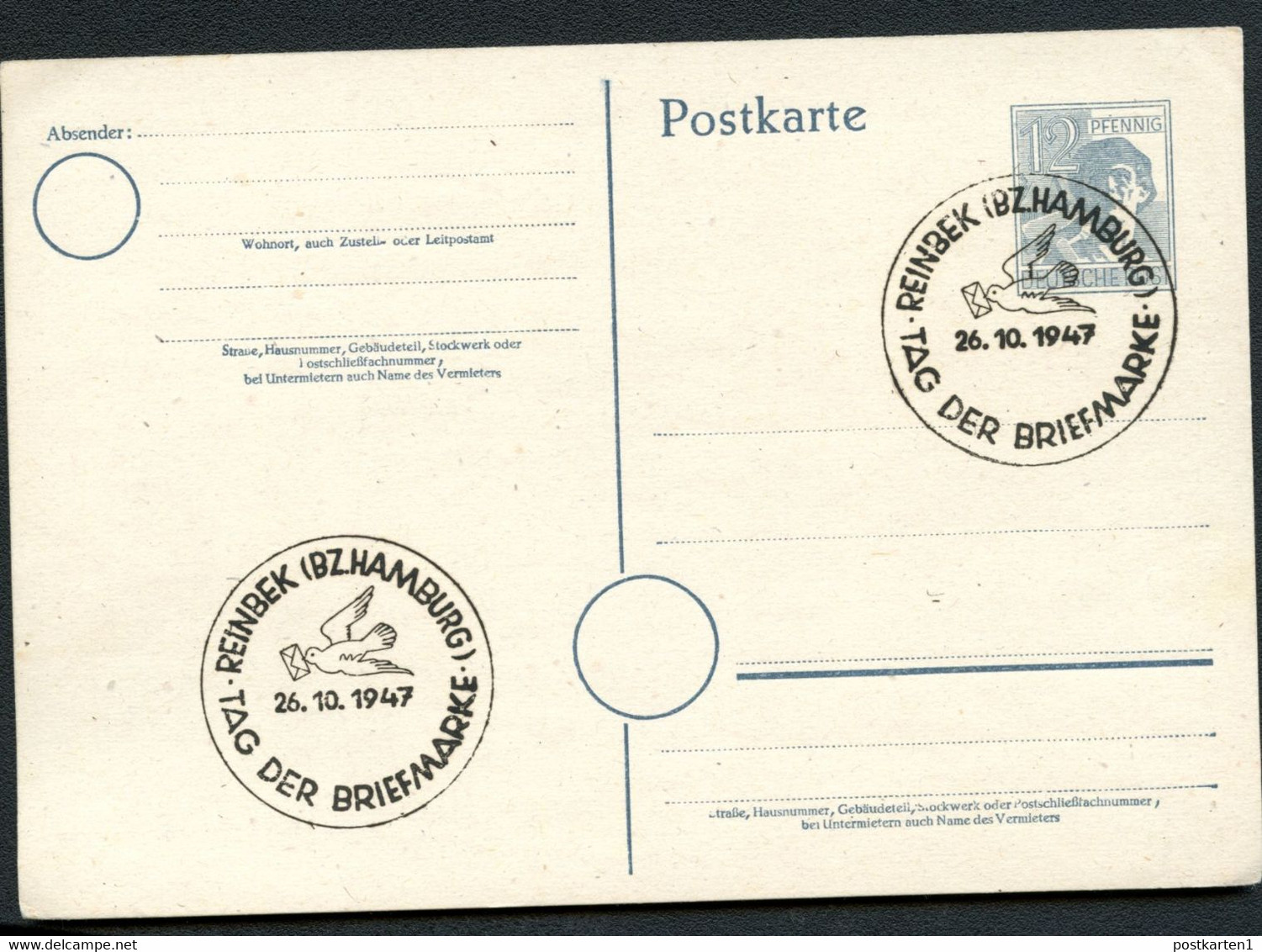 Postkarte P962 Alliierte Besetzung Sost. TAG DER BRIEFMARKE REINBEK 1947 - Interi Postali