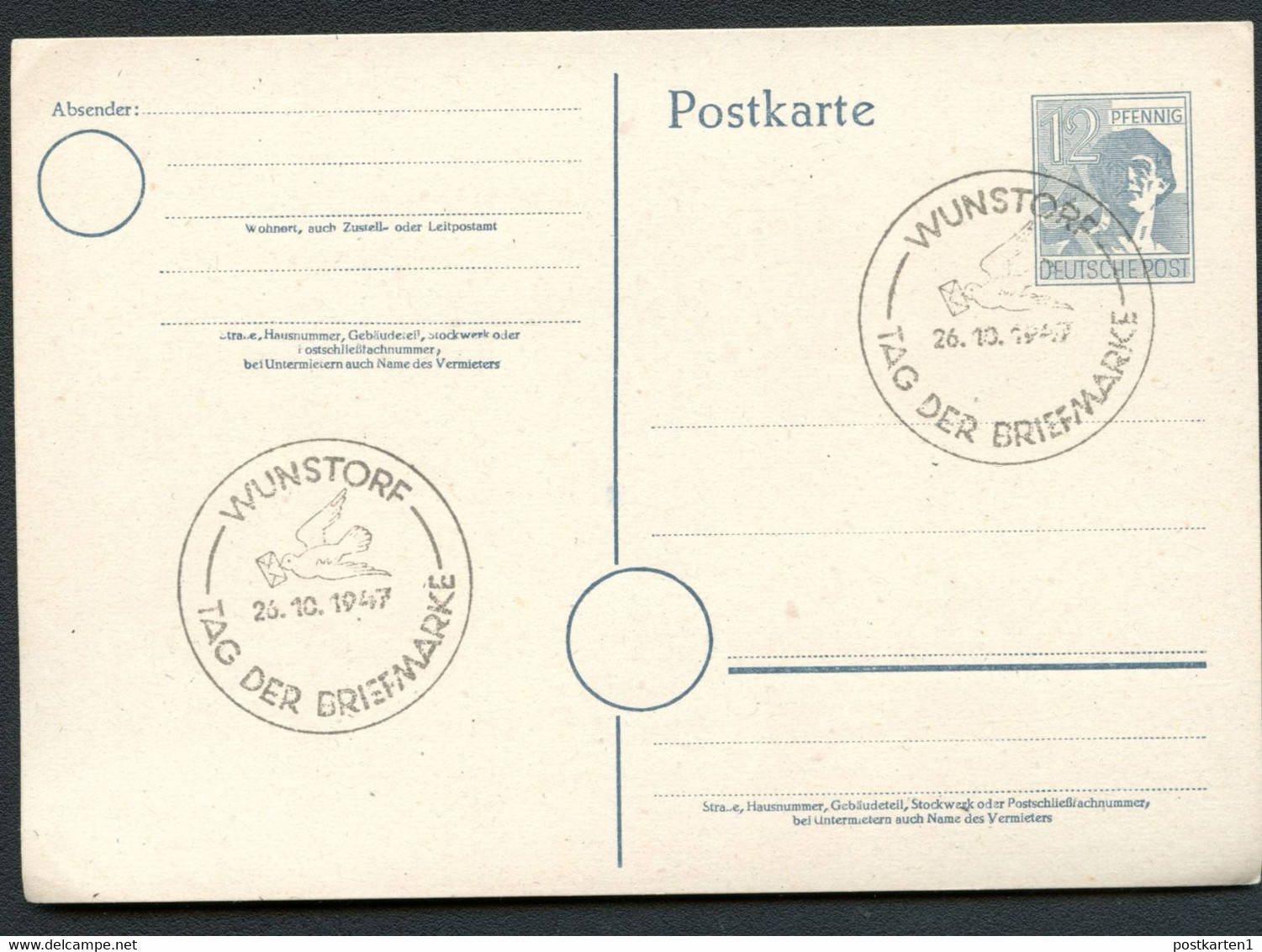 Postkarte P962 Alliierte Besetzung Sost. TAG DER BRIEFMARKE WUNSTORF 1947 - Entiers Postaux