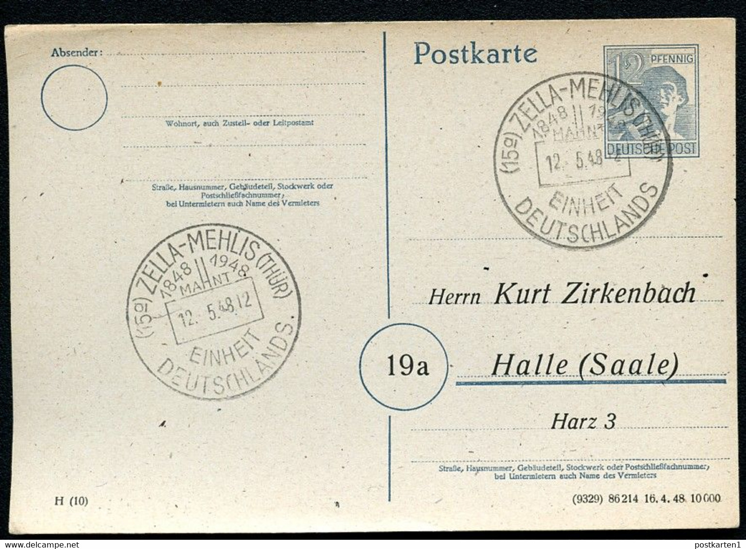 P962/06 Postkarte ZUDRUCK Zirkenbach Halle Sost.EINHEIT DEUTSCHLANDS Zella-Mehlis 1948 Kat.5,00 € - Postwaardestukken